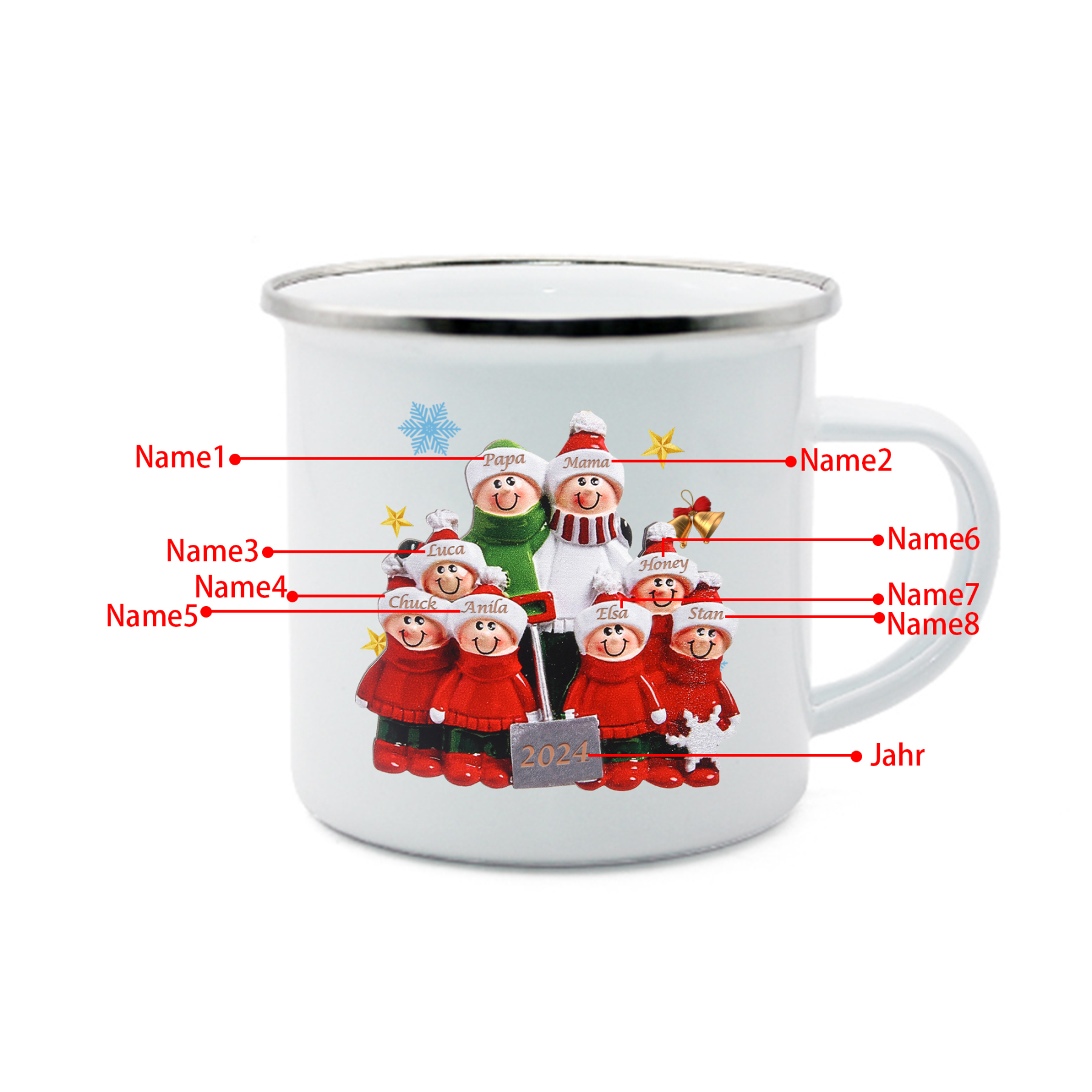 Emaille Tasse –Personalisierte 8 Namen & Jahr Weihnachts-Emaille Becher für Familie