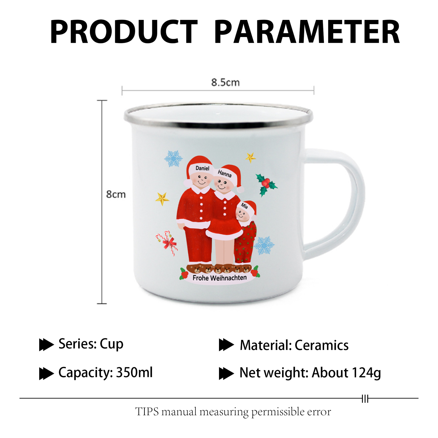 Personalisierte 3 Namen & Text Emaille Tasse -Frohe Weihnachten- Weihnachts-Emaille Becher für die Familie