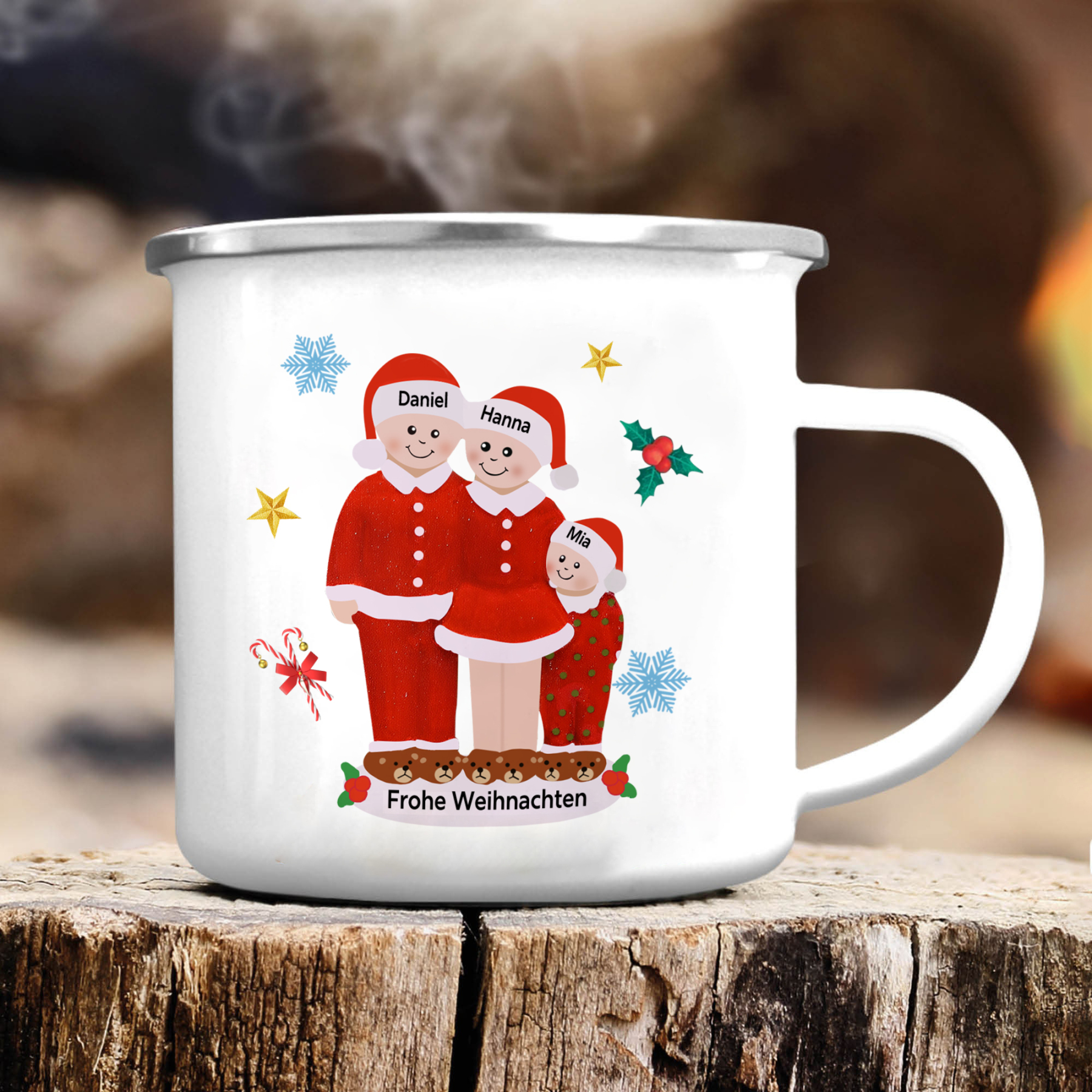 Personalisierte 3 Namen & Text Emaille Tasse -Frohe Weihnachten- Weihnachts-Emaille Becher für die Familie
