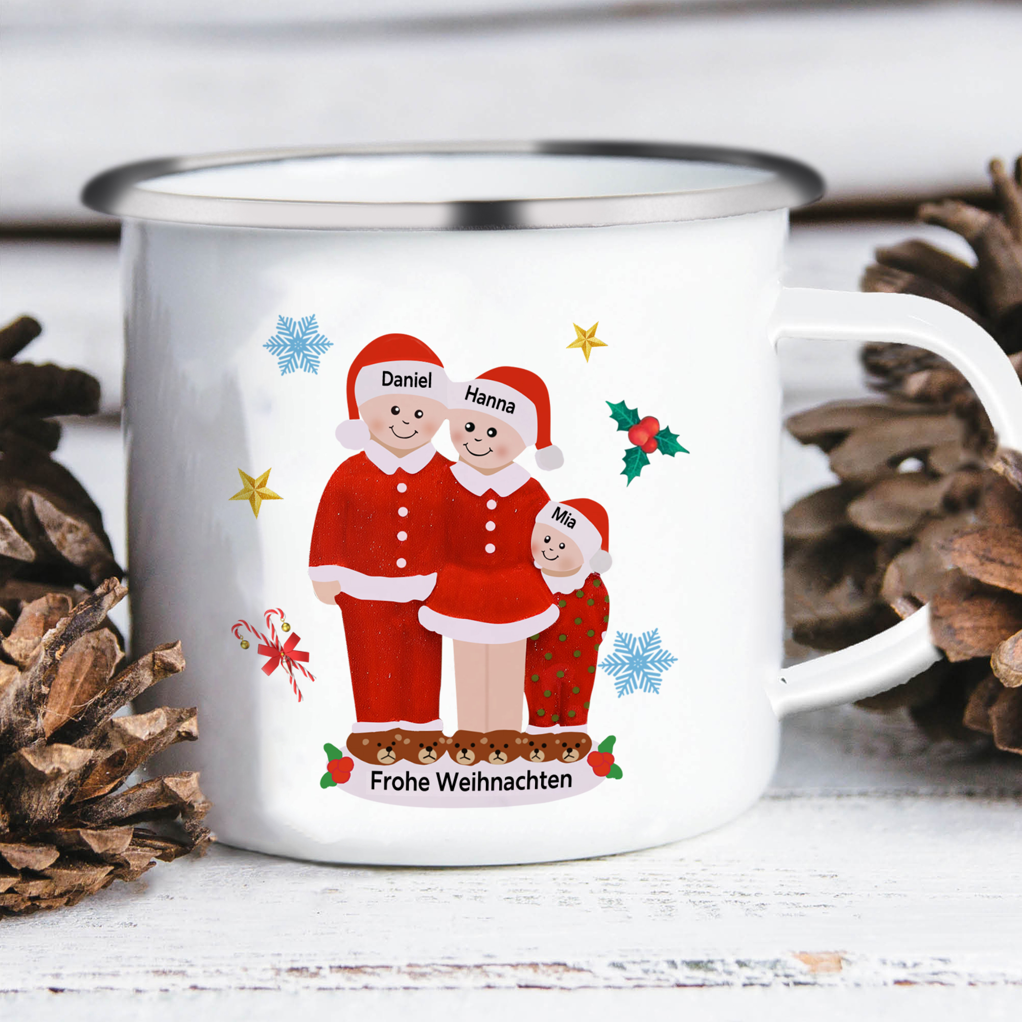 Personalisierte 3 Namen & Text Emaille Tasse -Frohe Weihnachten- Weihnachts-Emaille Becher für die Familie
