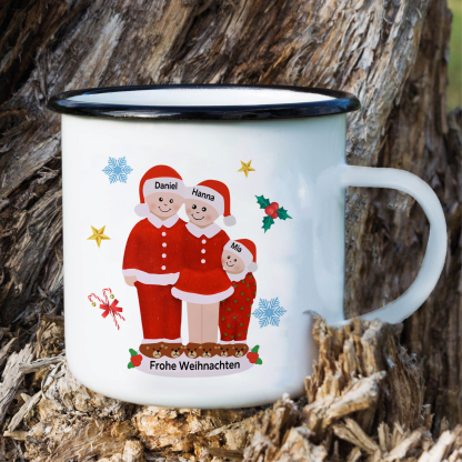 Personalisierte 3 Namen & Text Emaille Tasse -Frohe Weihnachten- Weihnachts-Emaille Becher für die Familie