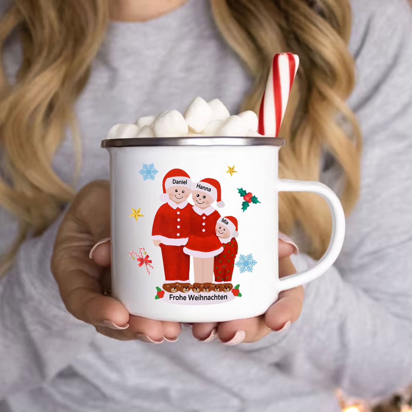 Personalisierte 3 Namen & Text Emaille Tasse -Frohe Weihnachten- Weihnachts-Emaille Becher für die Familie