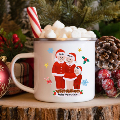 Personalisierte 3 Namen & Text Emaille Tasse -Frohe Weihnachten- Weihnachts-Emaille Becher für die Familie