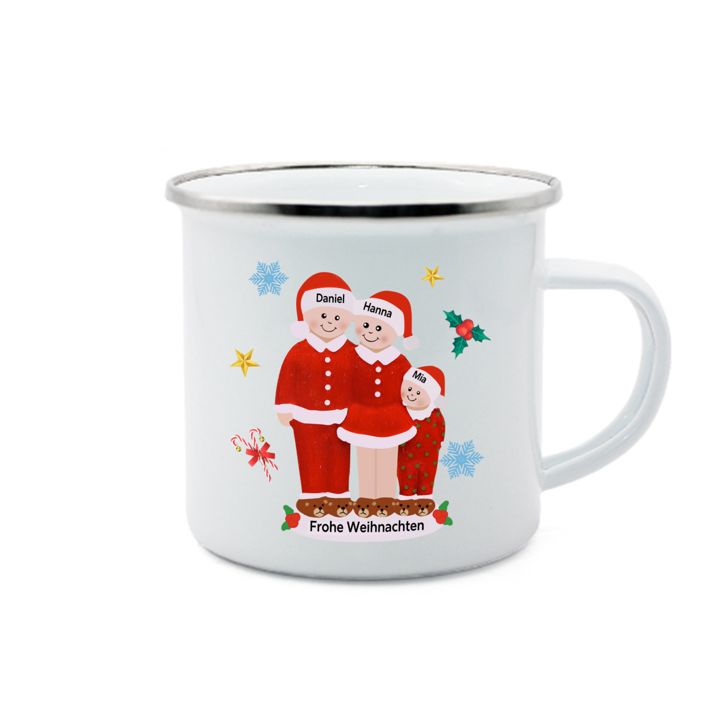 Personalisierte 3 Namen & Text Emaille Tasse -Frohe Weihnachten- Weihnachts-Emaille Becher für die Familie