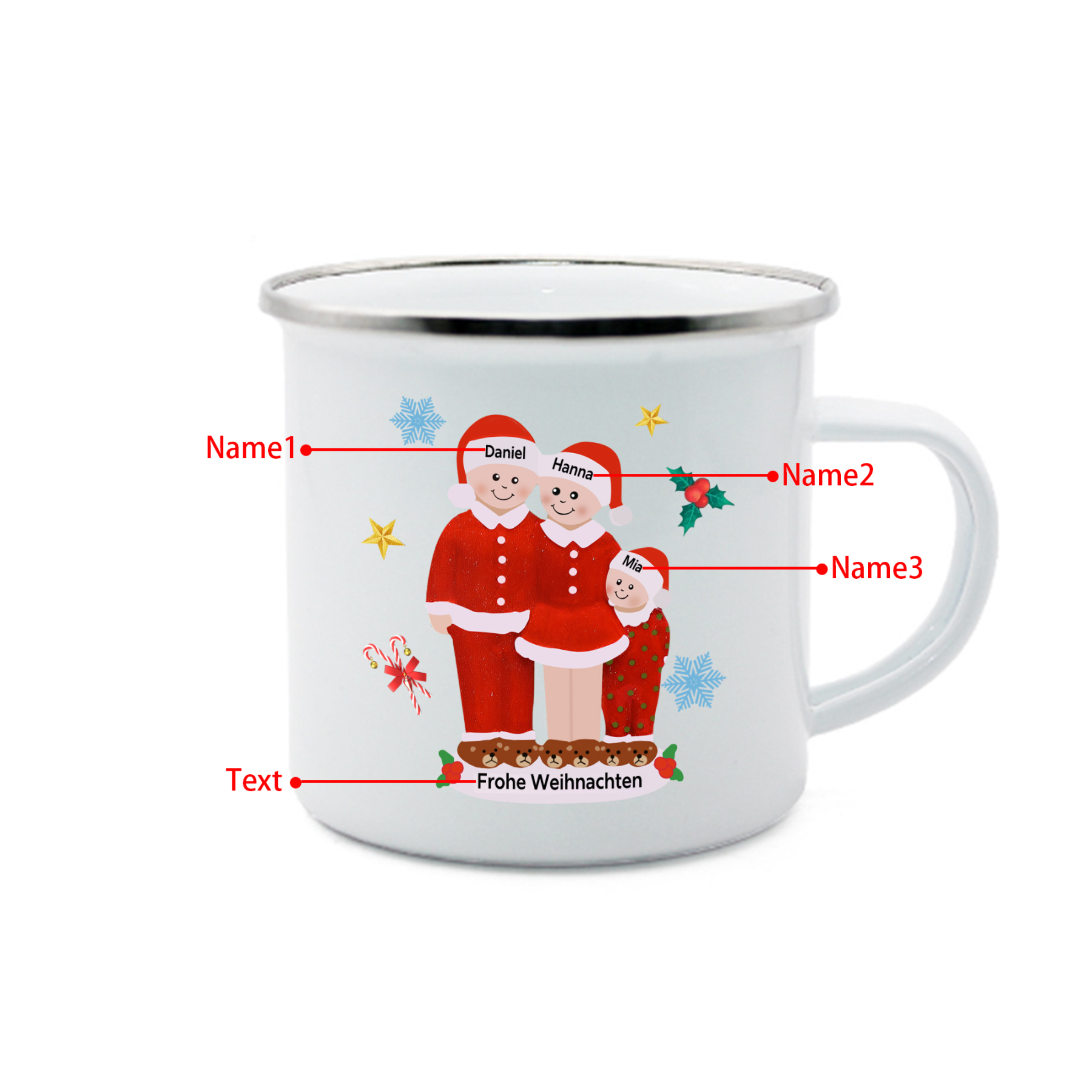 Personalisierte 3 Namen & Text Emaille Tasse -Frohe Weihnachten- Weihnachts-Emaille Becher für die Familie