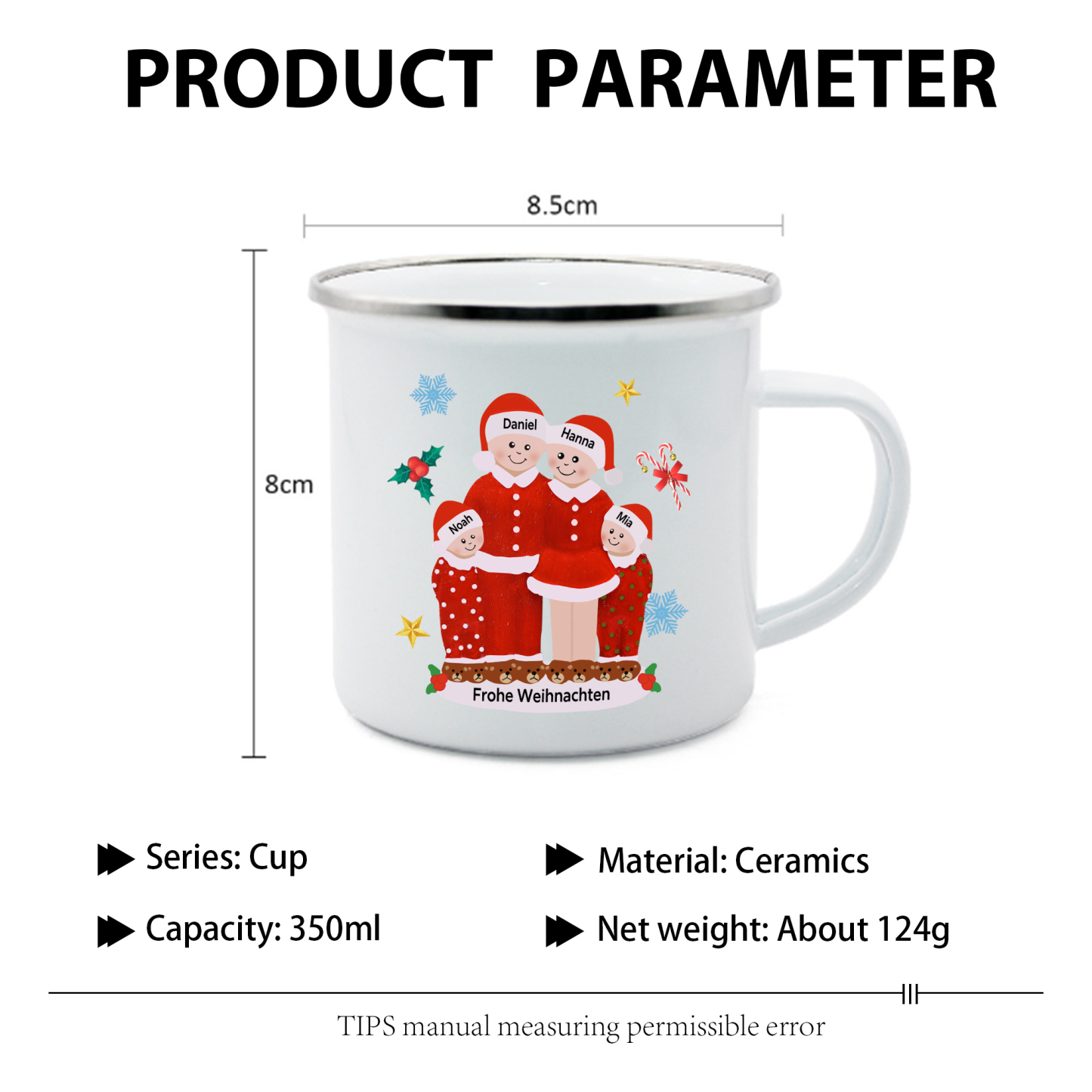 Personalisierte 4 Namen & Text Emaille Tasse -Frohe Weihnachten- Weihnachts-Emaille Becher für die Familie