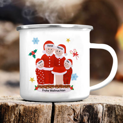 Personalisierte 4 Namen & Text Emaille Tasse -Frohe Weihnachten- Weihnachts-Emaille Becher für die Familie