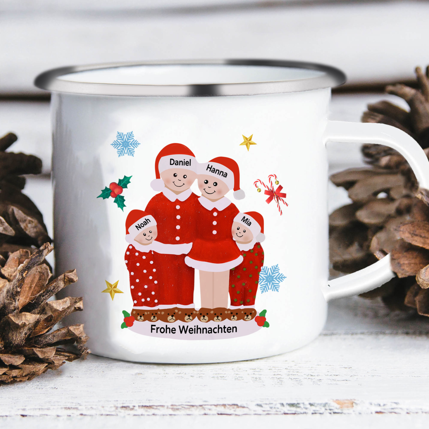 Personalisierte 4 Namen & Text Emaille Tasse -Frohe Weihnachten- Weihnachts-Emaille Becher für die Familie