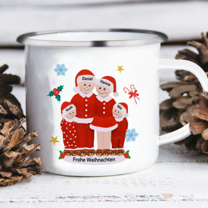 Personalisierte 4 Namen & Text Emaille Tasse -Frohe Weihnachten- Weihnachts-Emaille Becher für die Familie