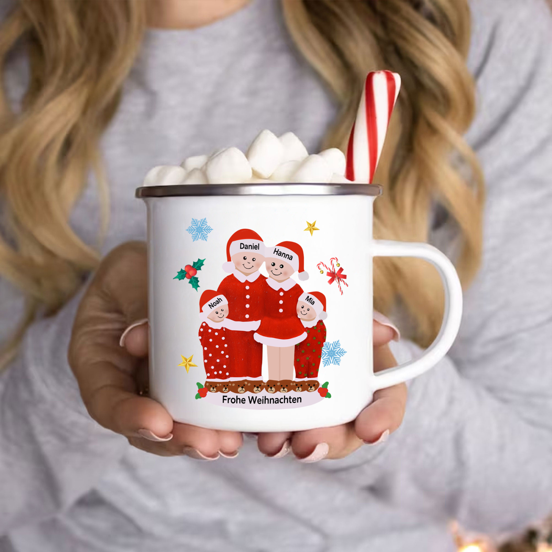 Personalisierte 4 Namen & Text Emaille Tasse -Frohe Weihnachten- Weihnachts-Emaille Becher für die Familie