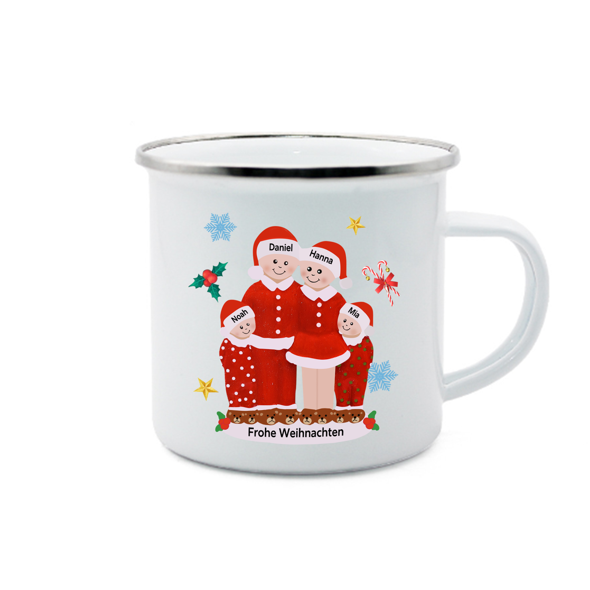 Personalisierte 4 Namen & Text Emaille Tasse -Frohe Weihnachten- Weihnachts-Emaille Becher für die Familie