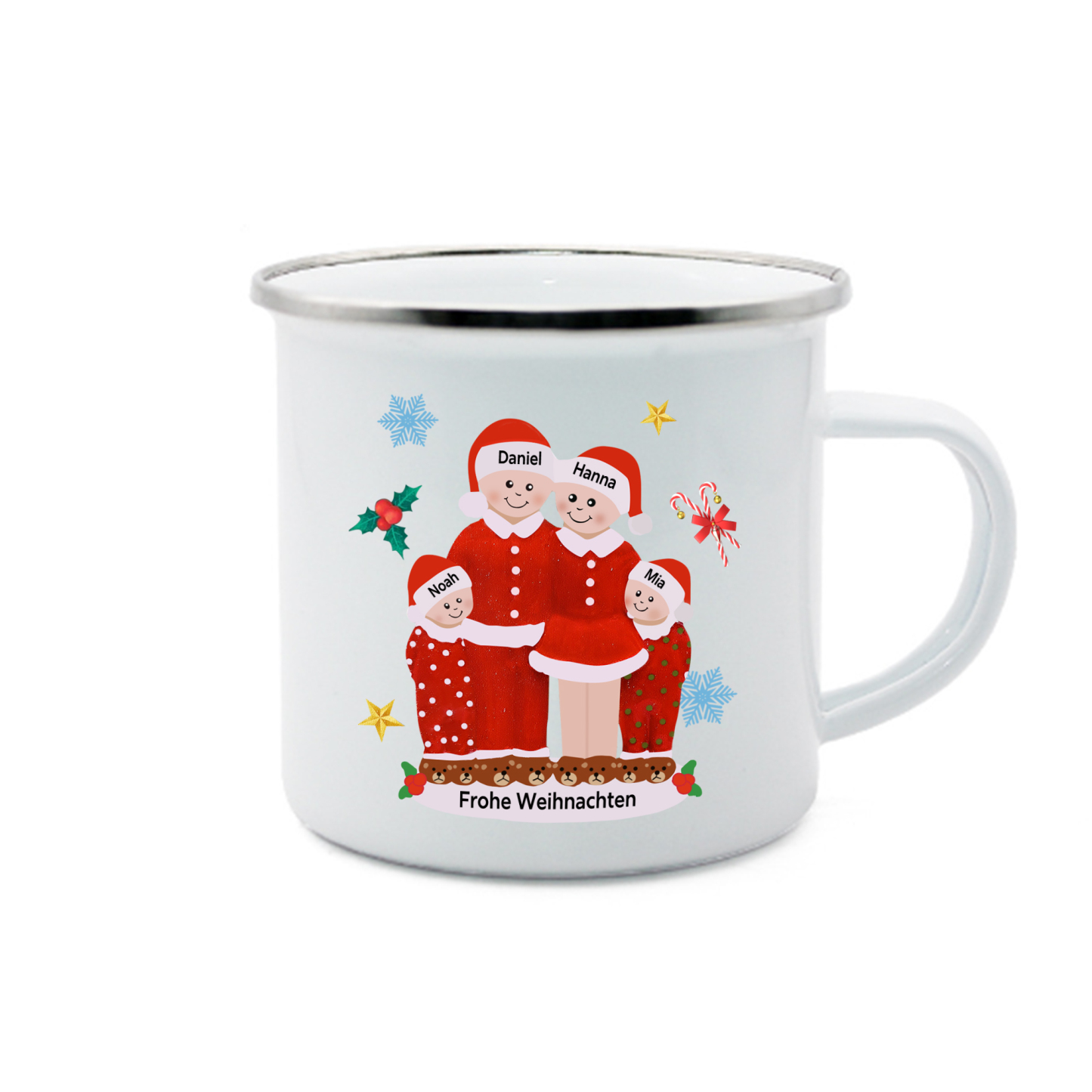 Personalisierte 4 Namen & Text Emaille Tasse -Frohe Weihnachten- Weihnachts-Emaille Becher für die Familie
