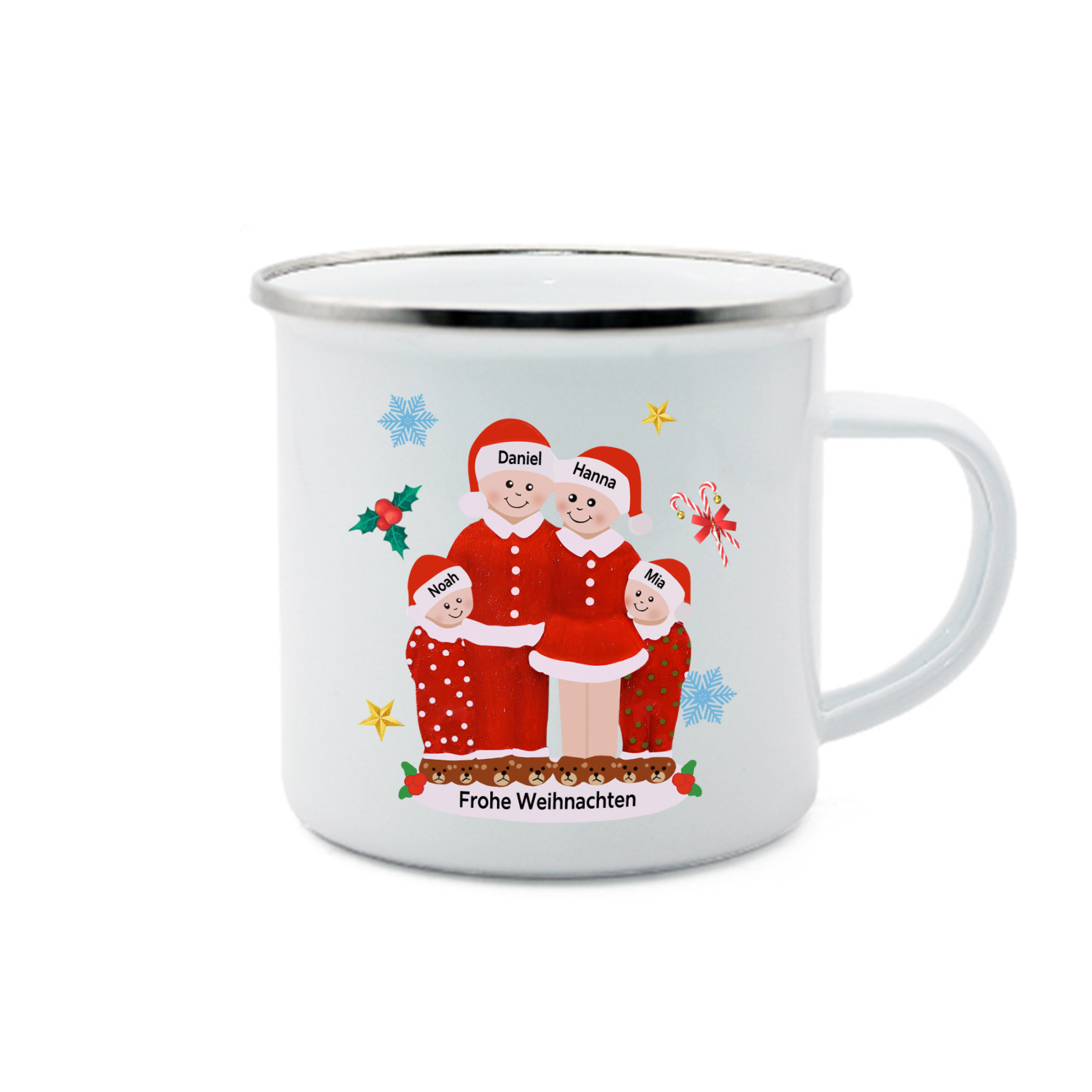 Personalisierte 4 Namen & Text Emaille Tasse -Frohe Weihnachten- Weihnachts-Emaille Becher für die Familie