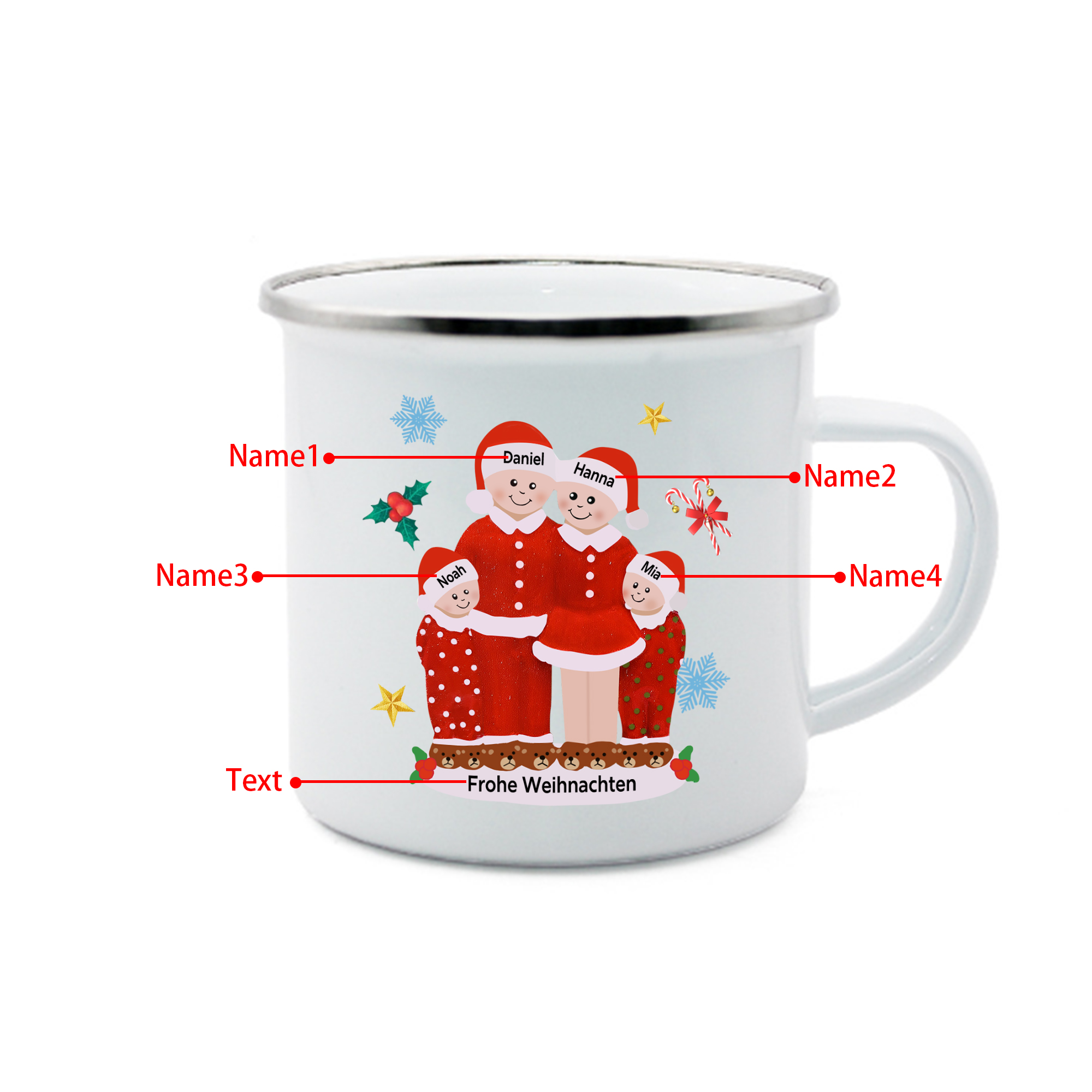 Personalisierte 4 Namen & Text Emaille Tasse -Frohe Weihnachten- Weihnachts-Emaille Becher für die Familie