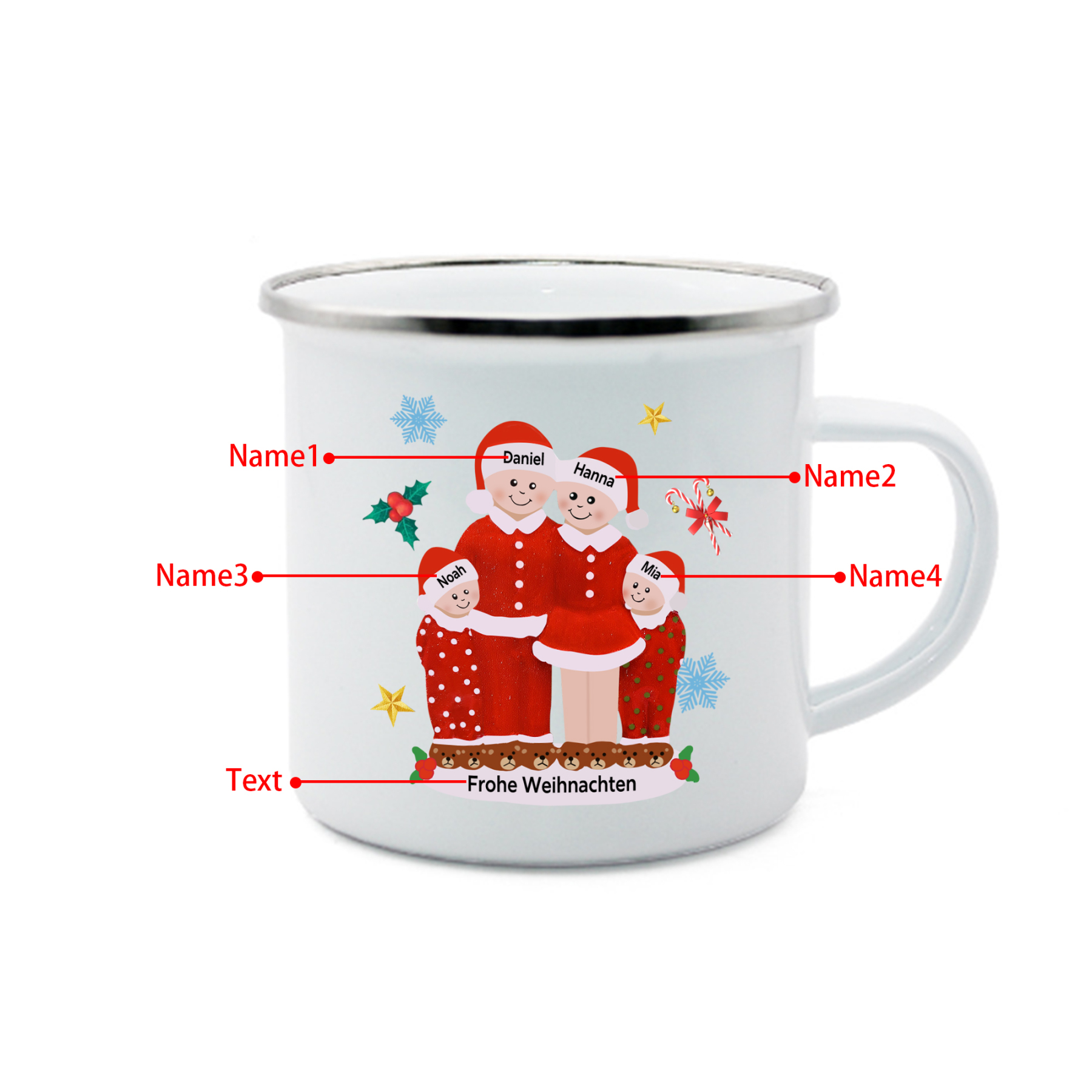 Personalisierte 4 Namen & Text Emaille Tasse -Frohe Weihnachten- Weihnachts-Emaille Becher für die Familie