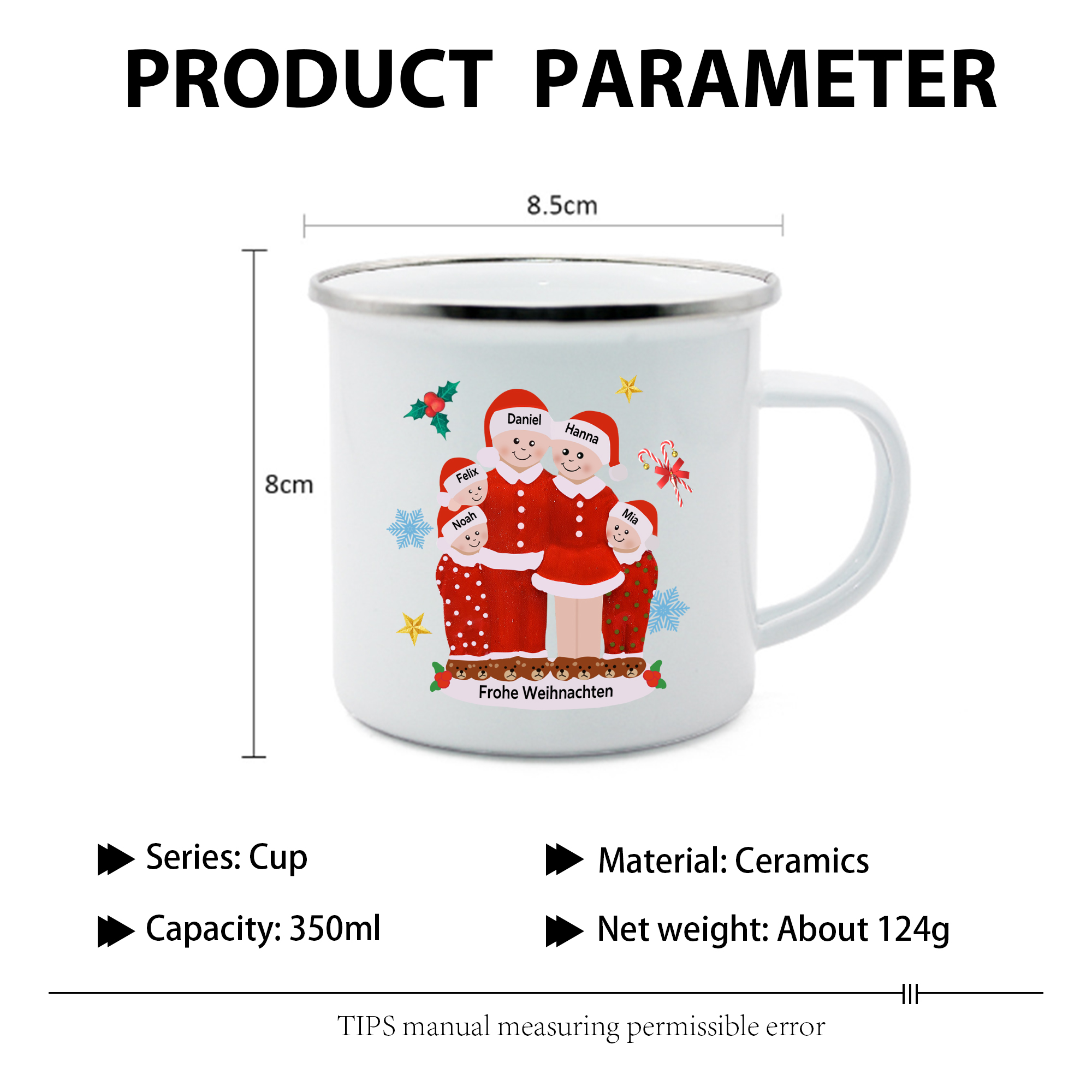 Personalisierte 5 Namen & Text Emaille Tasse -Frohe Weihnachten- Weihnachts-Emaille Becher für die Familie