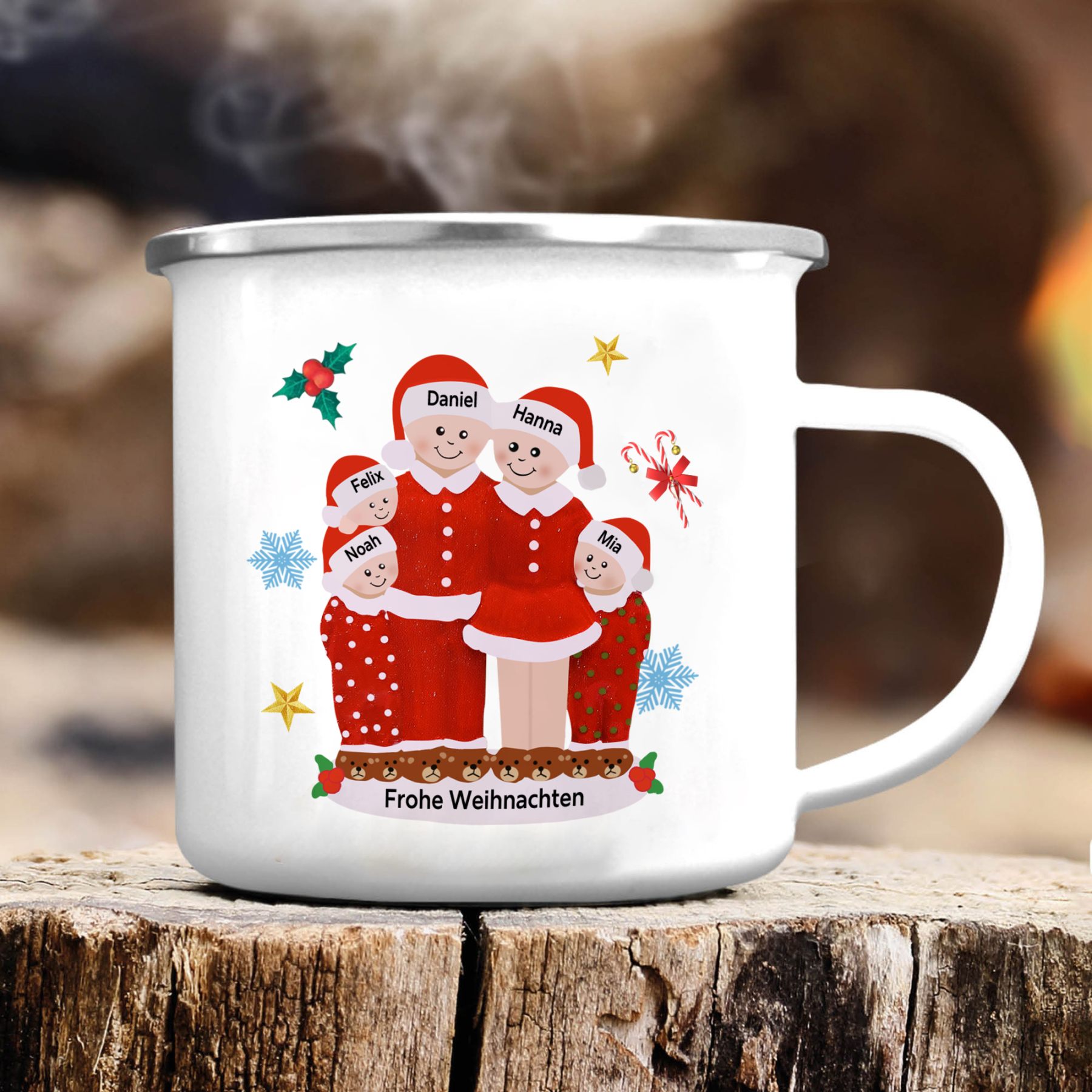 Personalisierte 5 Namen & Text Emaille Tasse -Frohe Weihnachten- Weihnachts-Emaille Becher für die Familie
