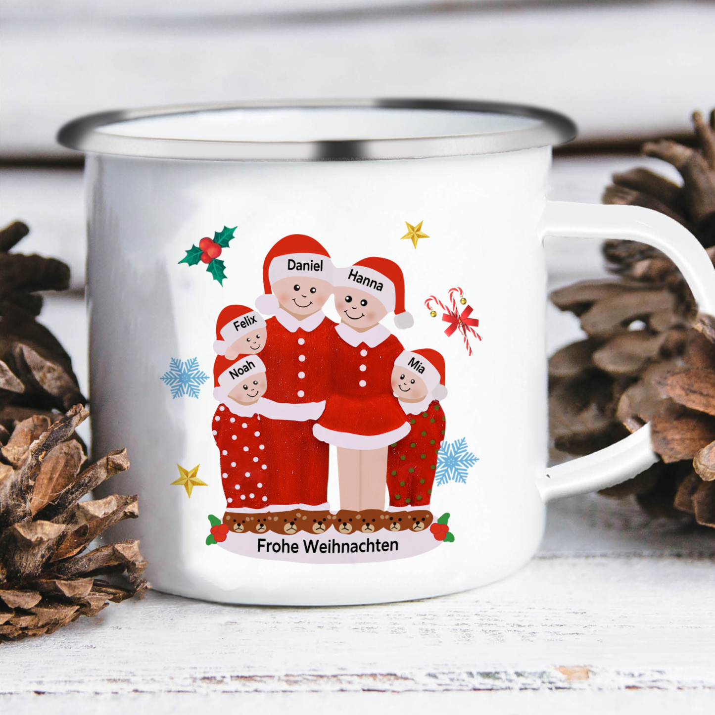 Personalisierte 5 Namen & Text Emaille Tasse -Frohe Weihnachten- Weihnachts-Emaille Becher für die Familie