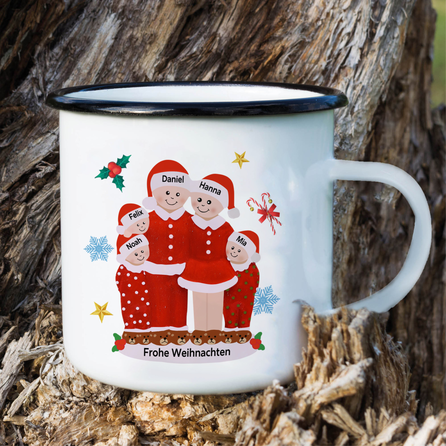 Personalisierte 5 Namen & Text Emaille Tasse -Frohe Weihnachten- Weihnachts-Emaille Becher für die Familie