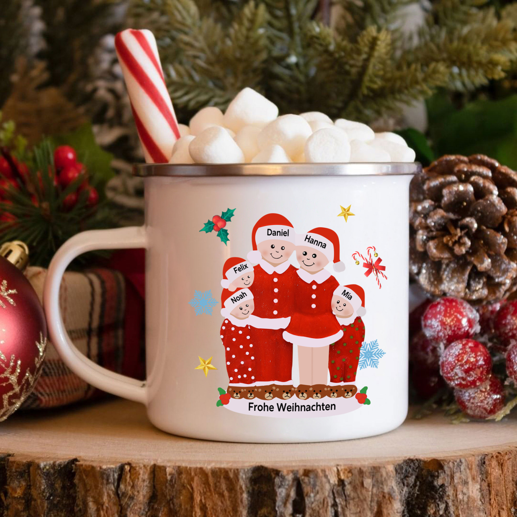 Personalisierte 5 Namen & Text Emaille Tasse -Frohe Weihnachten- Weihnachts-Emaille Becher für die Familie