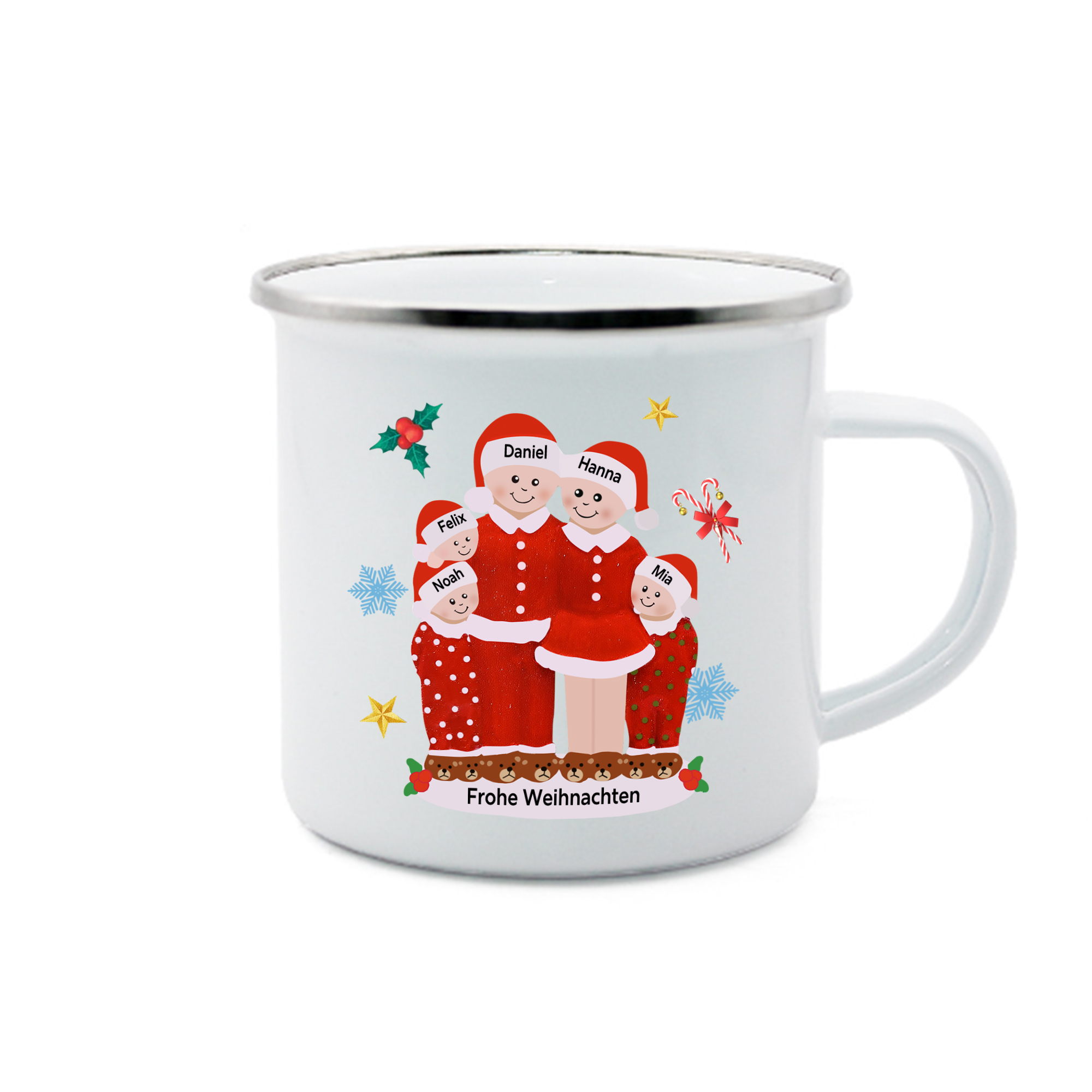 Personalisierte 5 Namen & Text Emaille Tasse -Frohe Weihnachten- Weihnachts-Emaille Becher für die Familie