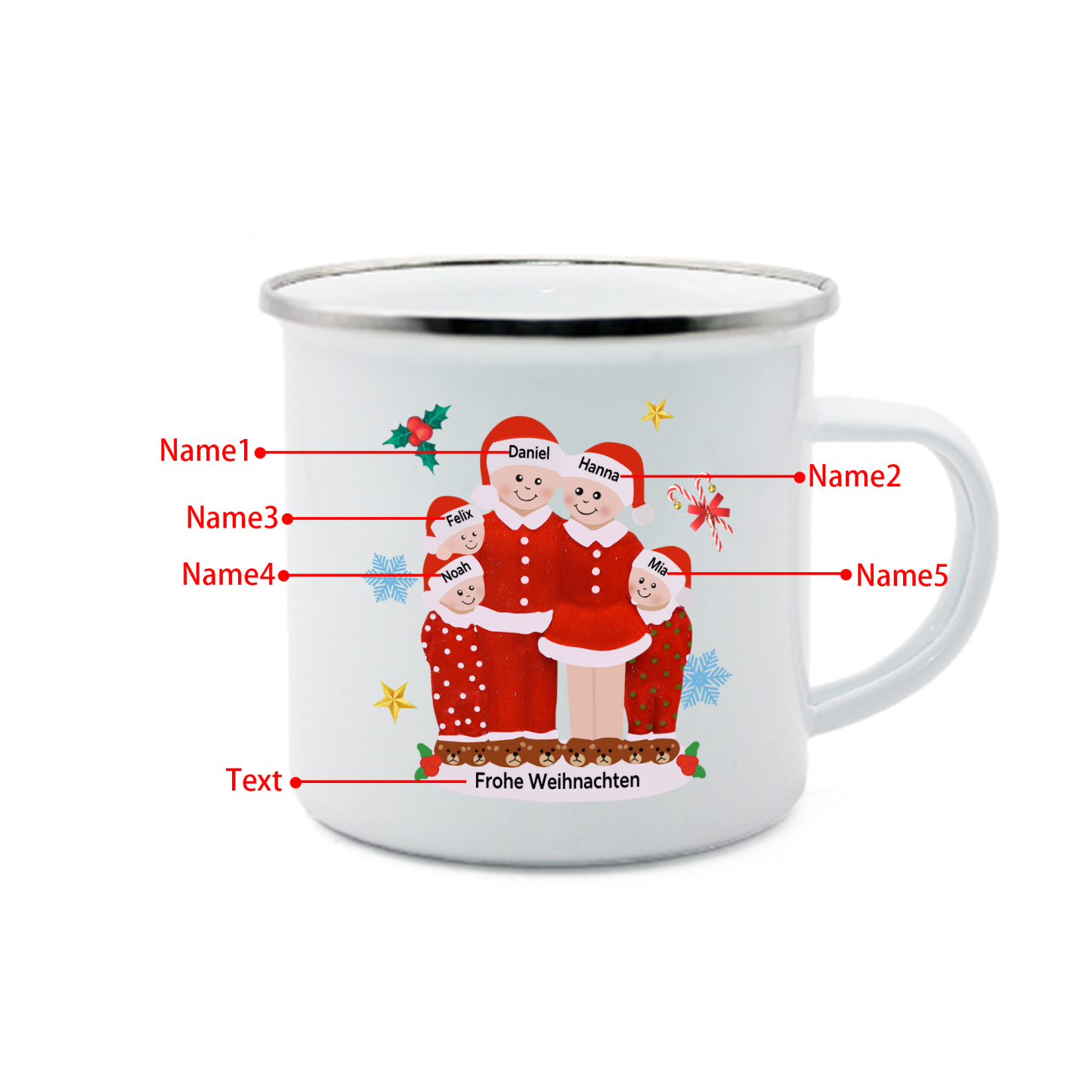 Personalisierte 5 Namen & Text Emaille Tasse -Frohe Weihnachten- Weihnachts-Emaille Becher für die Familie