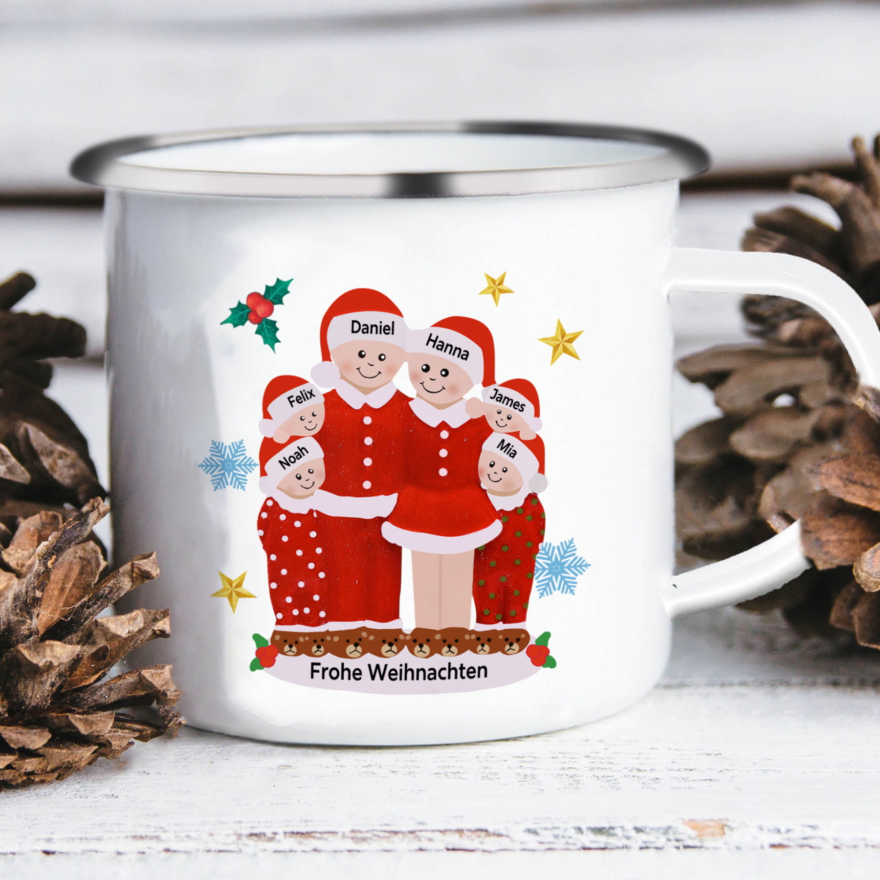 Personalisierte 6 Namen & Text Emaille Tasse -Frohe Weihnachten- Weihnachts-Emaille Becher für die Familie