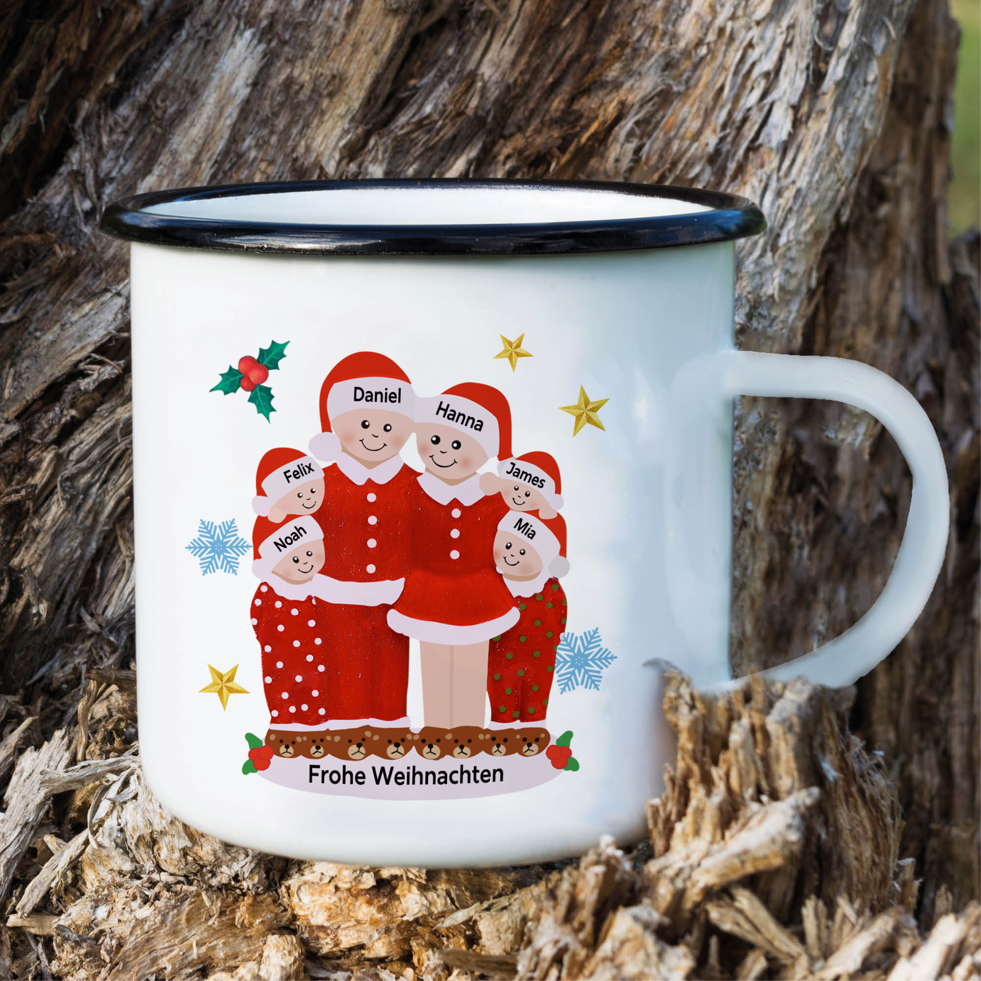 Personalisierte 6 Namen & Text Emaille Tasse -Frohe Weihnachten- Weihnachts-Emaille Becher für die Familie