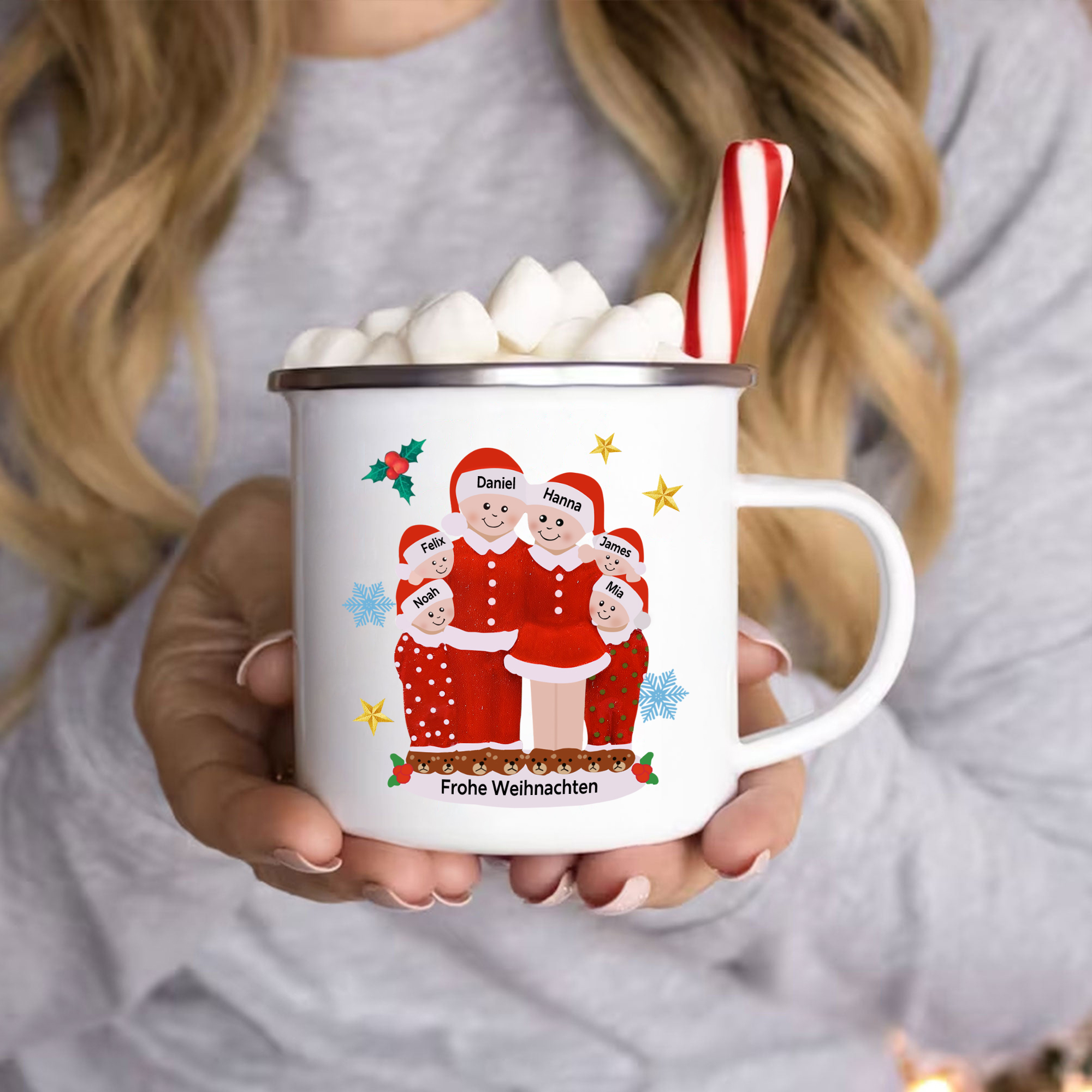 Personalisierte 6 Namen & Text Emaille Tasse -Frohe Weihnachten- Weihnachts-Emaille Becher für die Familie