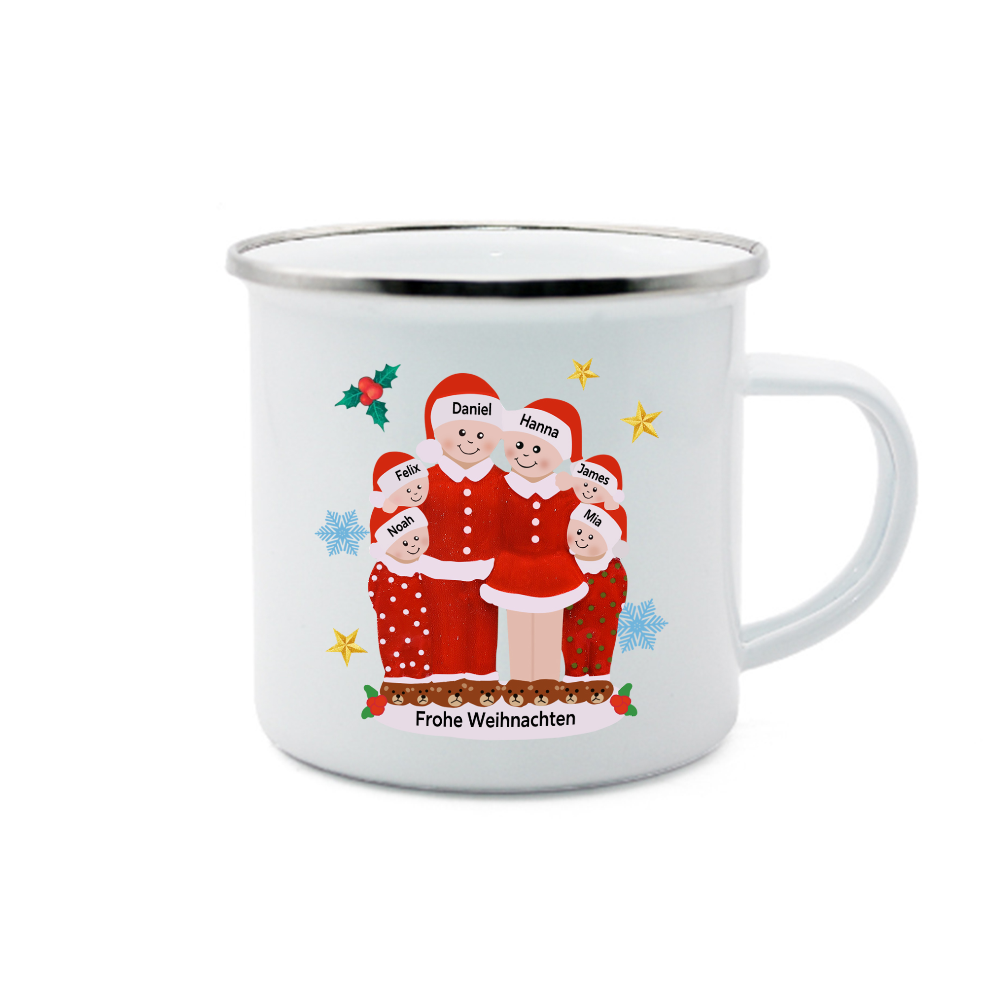 Personalisierte 6 Namen & Text Emaille Tasse -Frohe Weihnachten- Weihnachts-Emaille Becher für die Familie