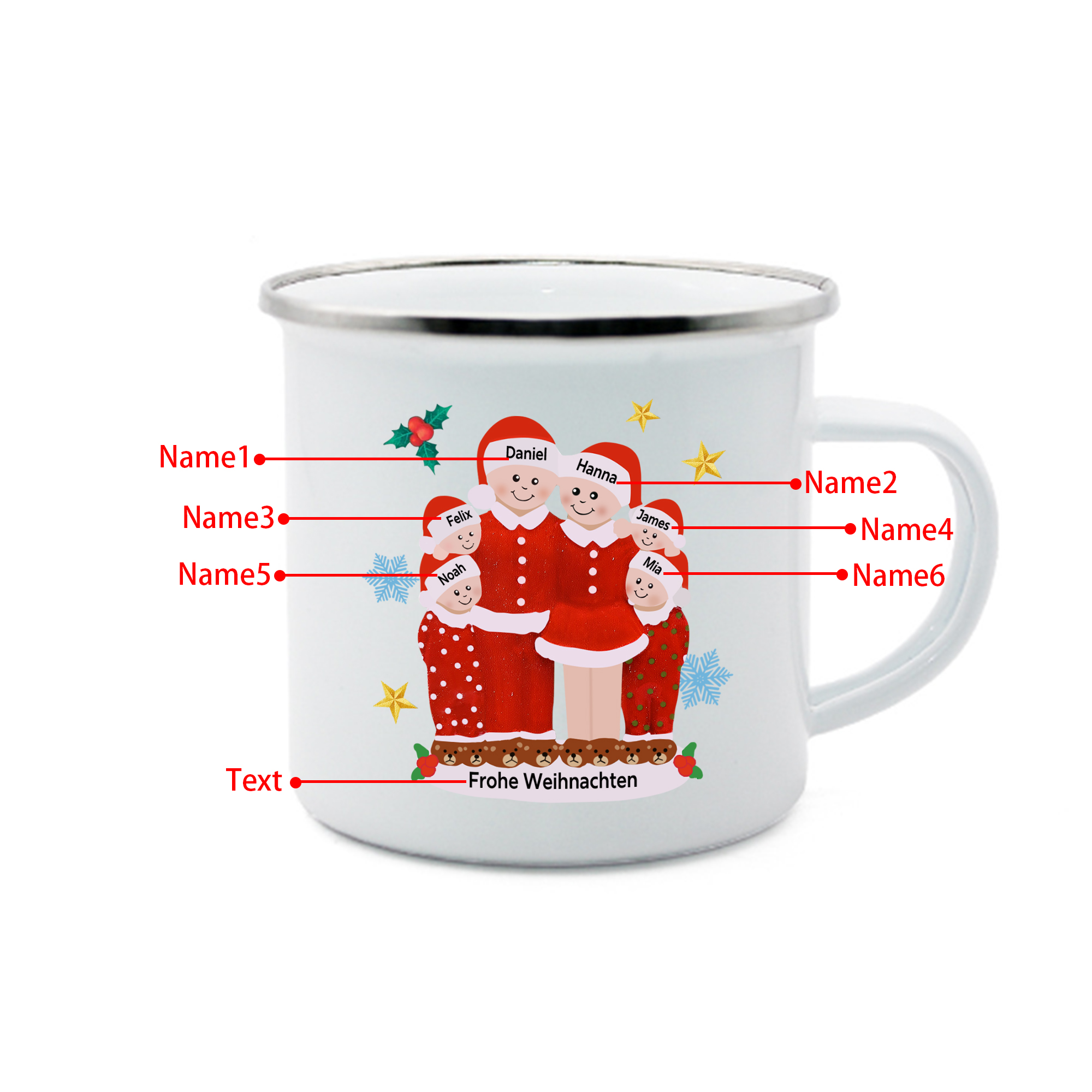 Personalisierte 6 Namen & Text Emaille Tasse -Frohe Weihnachten- Weihnachts-Emaille Becher für die Familie