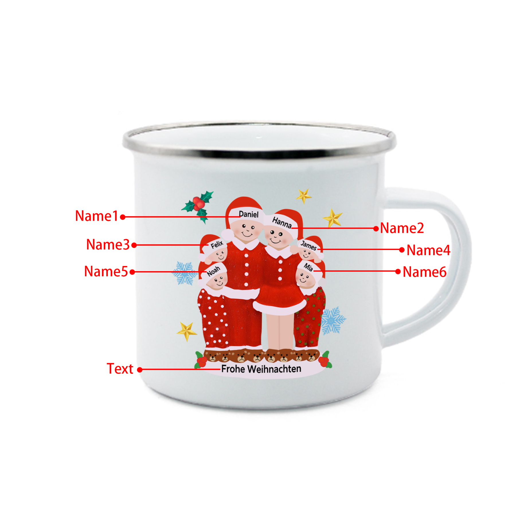 Personalisierte 6 Namen & Text Emaille Tasse -Frohe Weihnachten- Weihnachts-Emaille Becher für die Familie