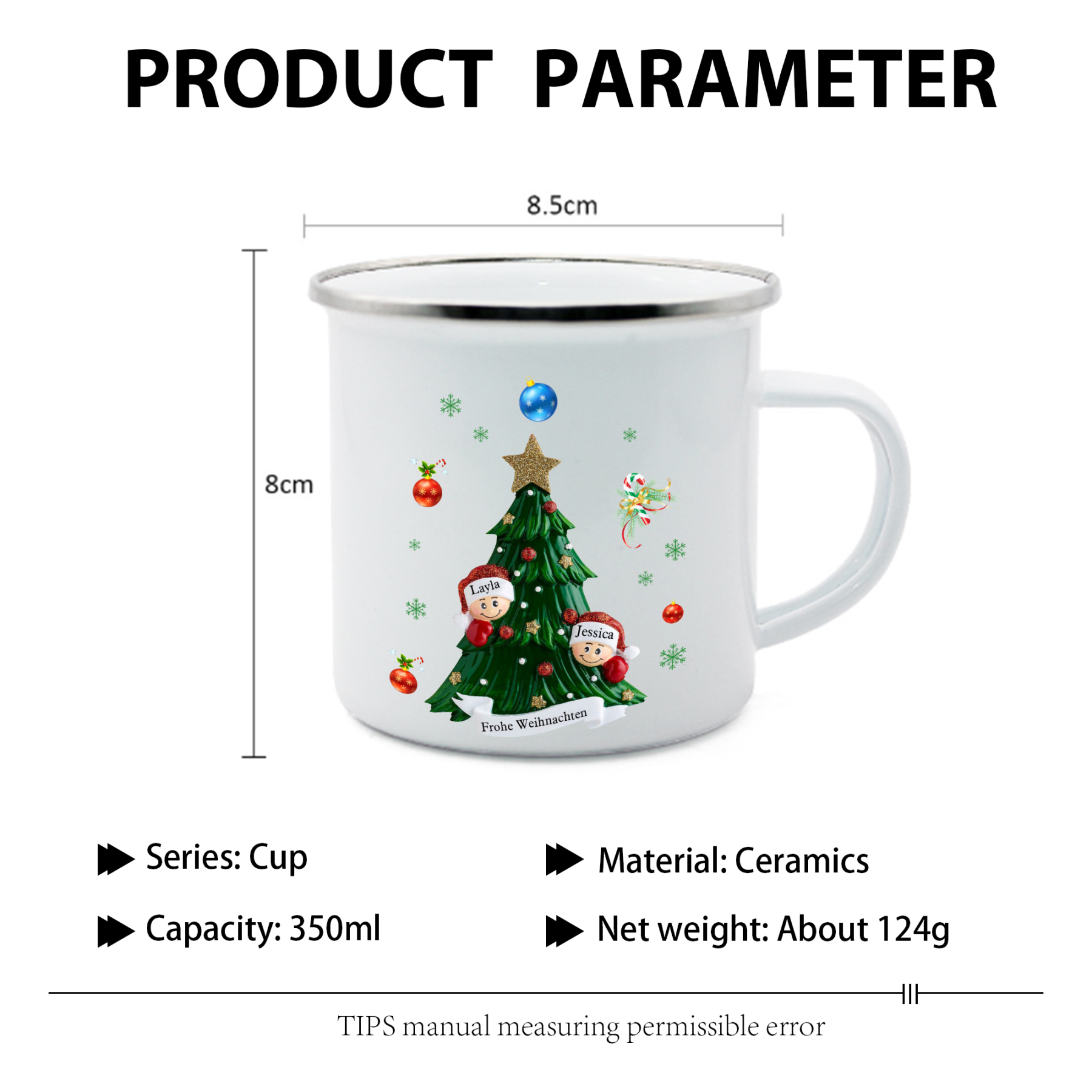 Personalisierte 2 Namen & Text Emaille Tasse – Weihnachtsbaum Weihnachts-Emaille Becher