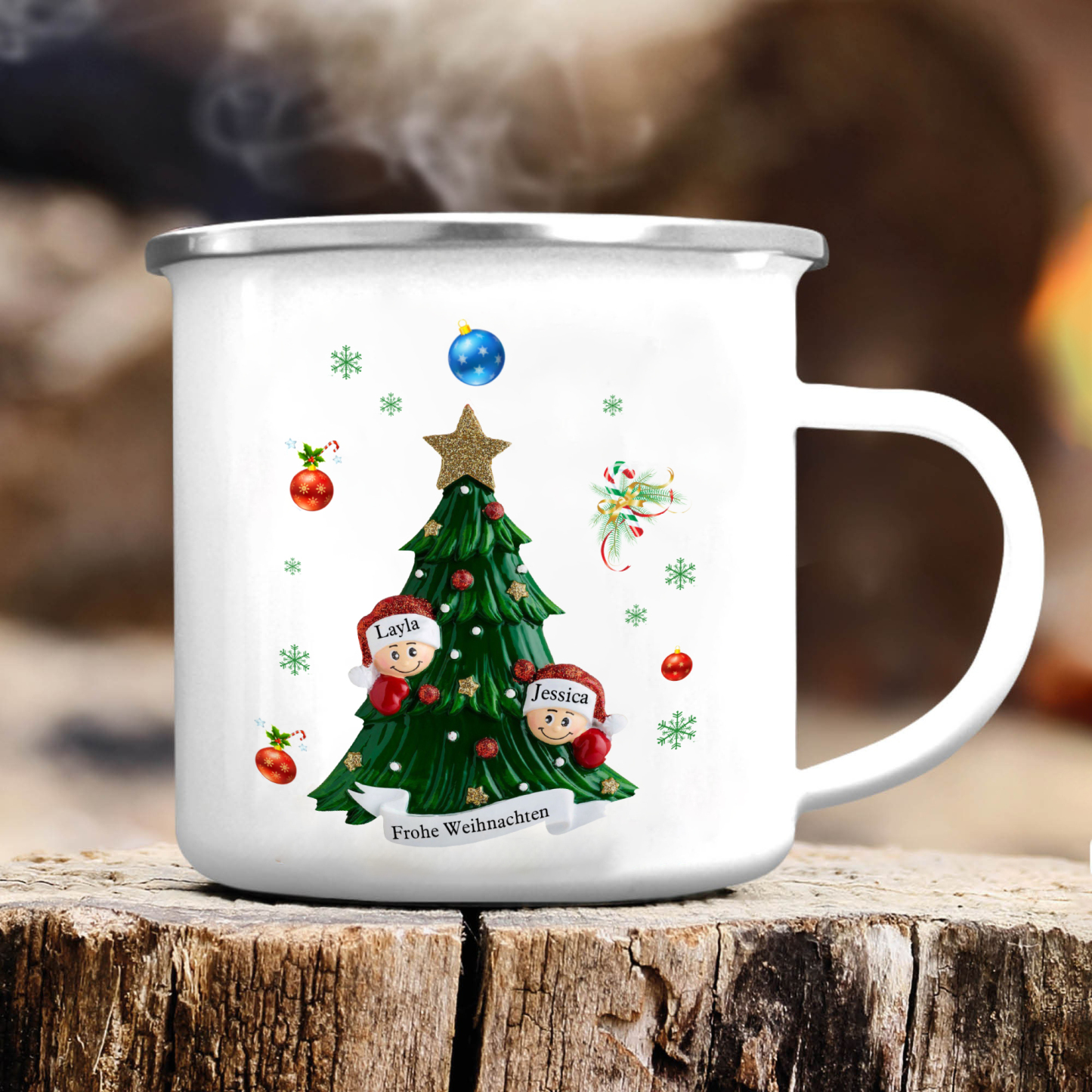 Personalisierte 2 Namen & Text Emaille Tasse – Weihnachtsbaum Weihnachts-Emaille Becher