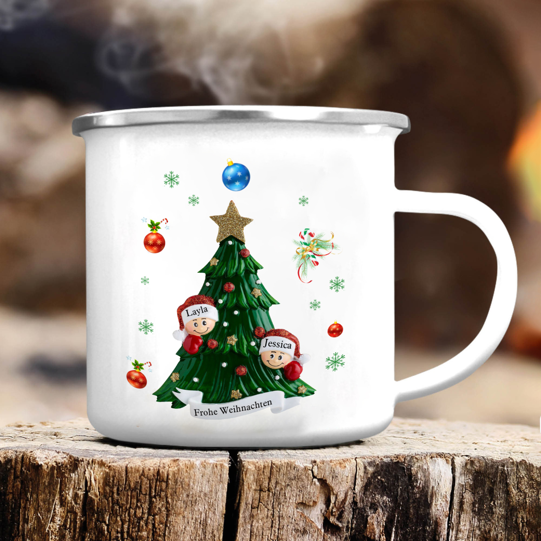 Personalisierte 2 Namen & Text Emaille Tasse – Weihnachtsbaum Weihnachts-Emaille Becher