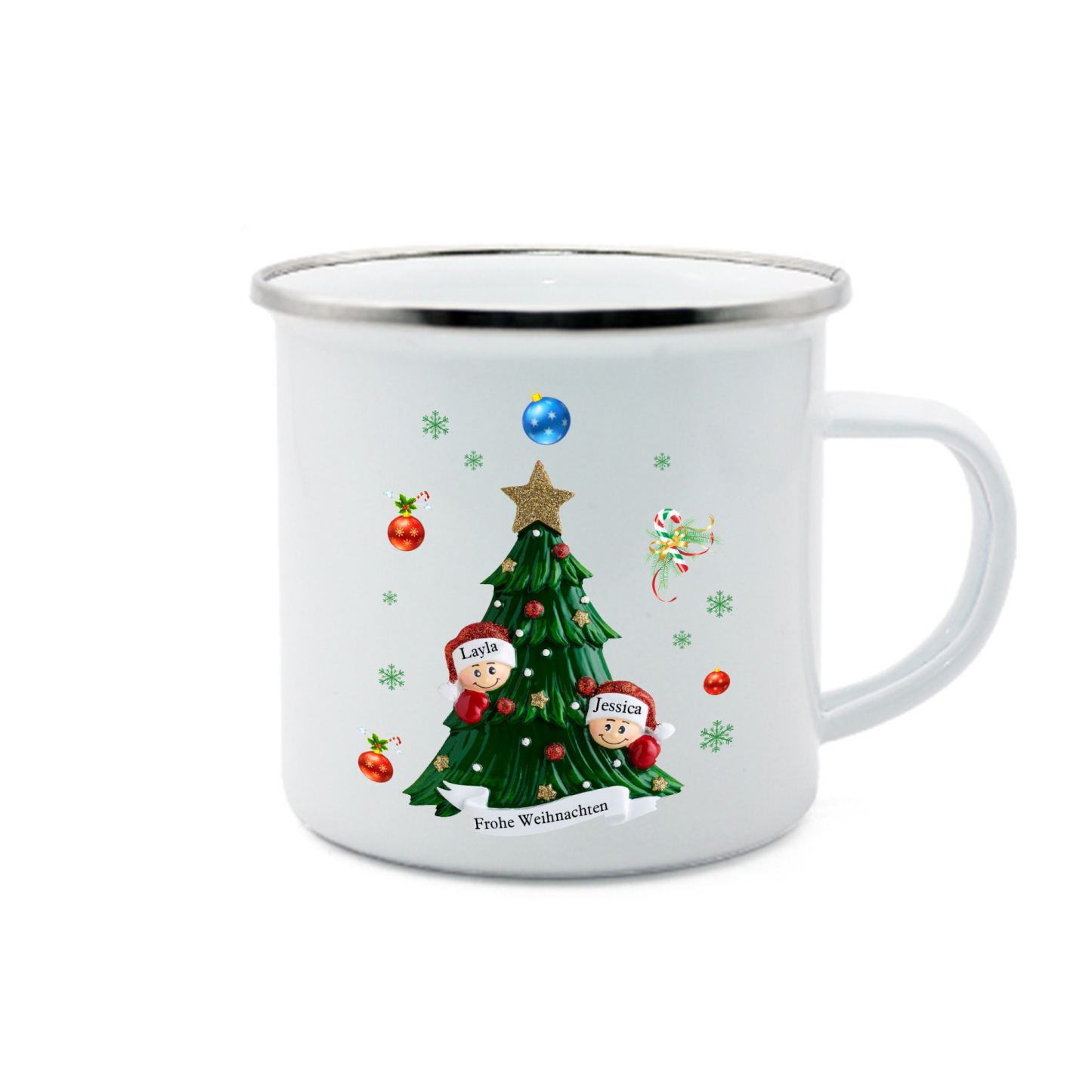 Personalisierte 2 Namen & Text Emaille Tasse – Weihnachtsbaum Weihnachts-Emaille Becher