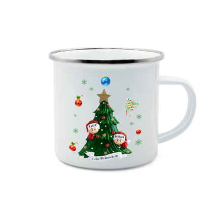 Personalisierte 2 Namen & Text Emaille Tasse – Weihnachtsbaum Weihnachts-Emaille Becher