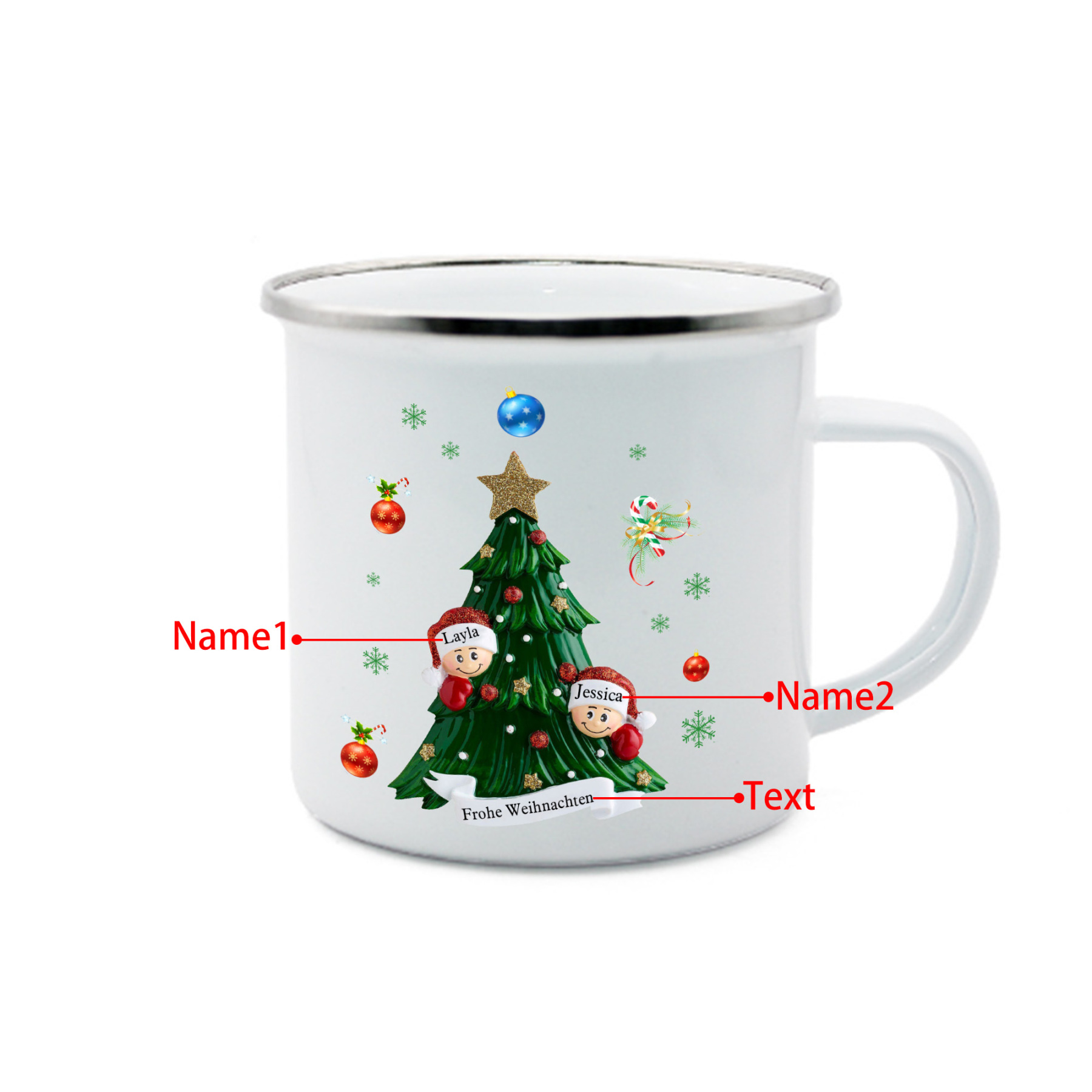 Personalisierte 2 Namen & Text Emaille Tasse – Weihnachtsbaum Weihnachts-Emaille Becher