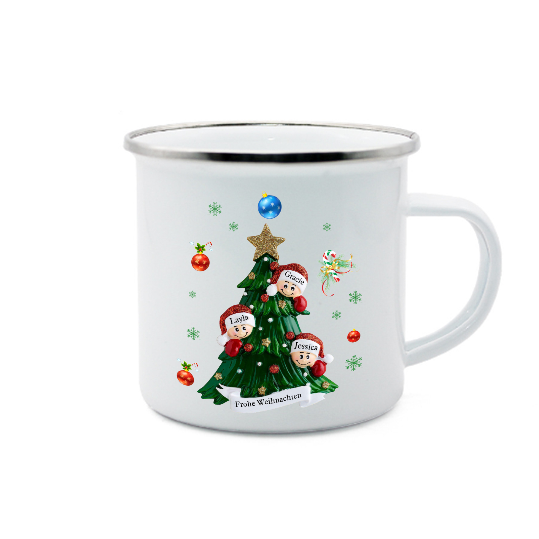Personalisierte 3 Namen & Text Emaille Tasse – Weihnachtsbaum Weihnachts-Emaille Becher