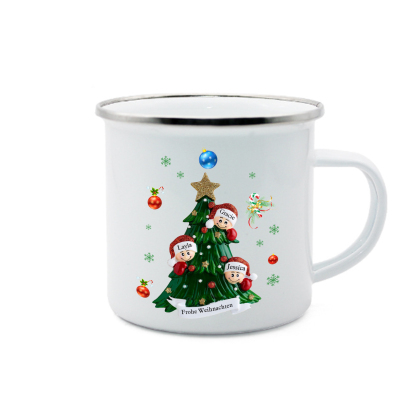 Personalisierte 3 Namen & Text Emaille Tasse – Weihnachtsbaum Weihnachts-Emaille Becher