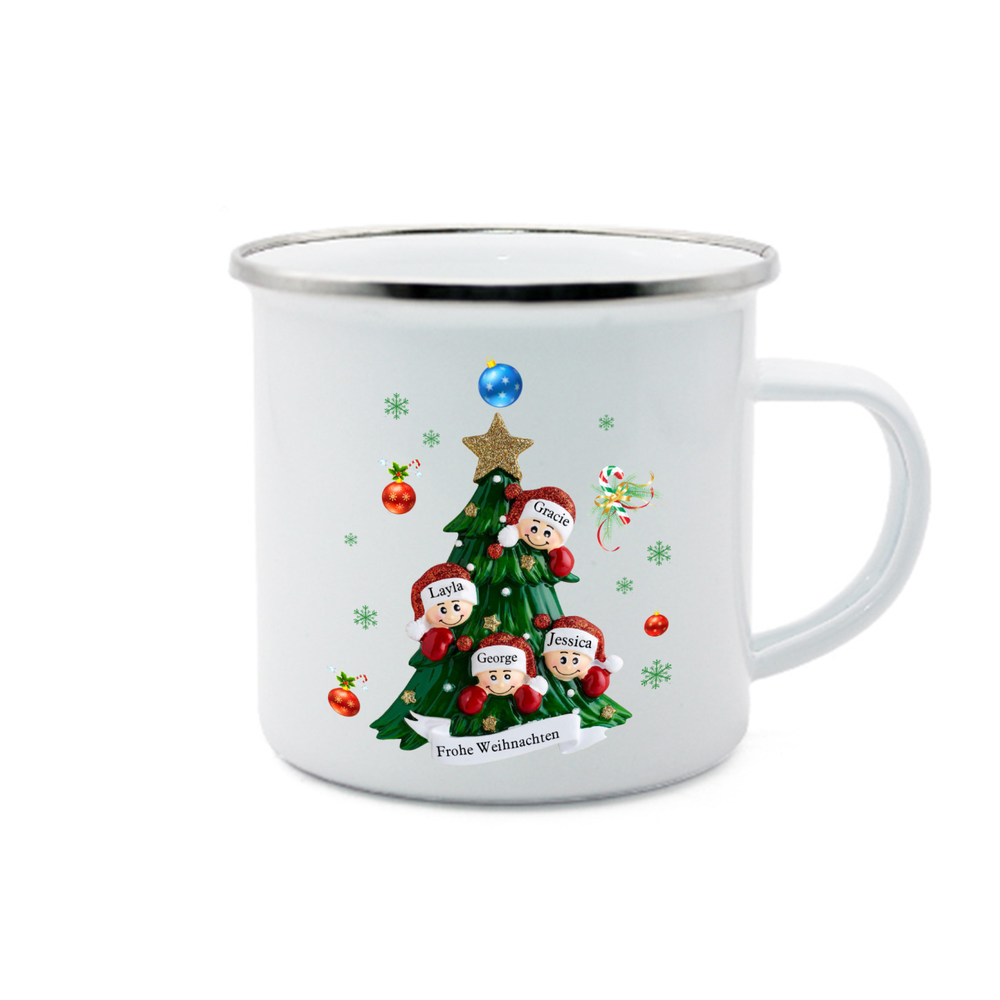 Personalisierte 4 Namen & Text Emaille Tasse – Weihnachtsbaum Weihnachts-Emaille Becher