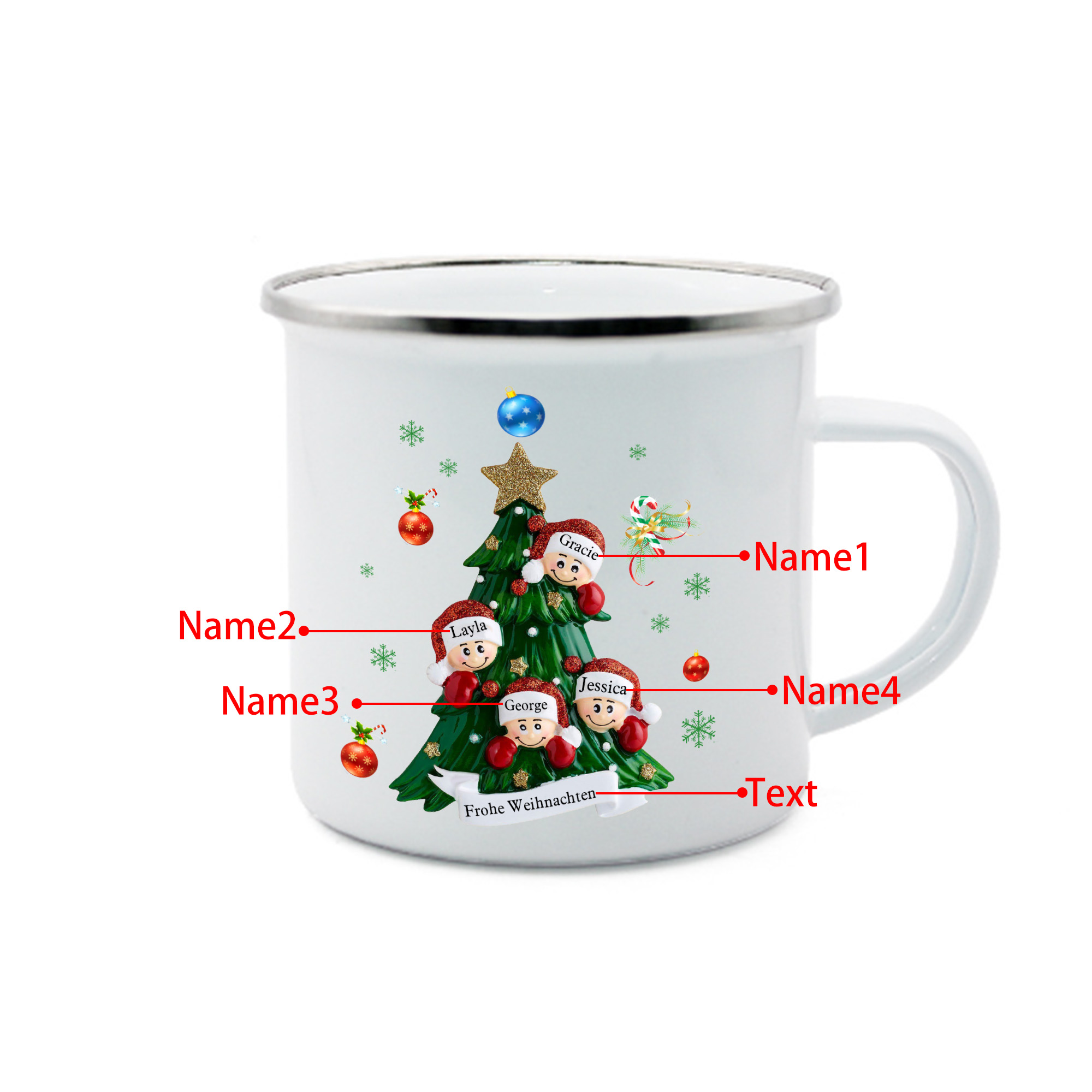 Personalisierte 4 Namen & Text Emaille Tasse – Weihnachtsbaum Weihnachts-Emaille Becher