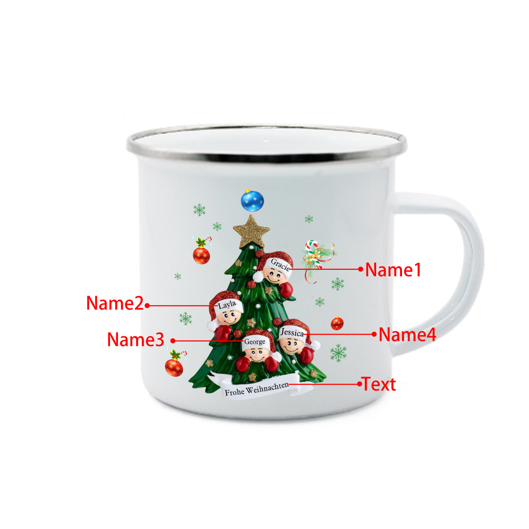 Holz Personalisiertes 4 Namen & Text Holz Weihnachtsornament Baum & Emaille Tasse - Geschenkbox Set