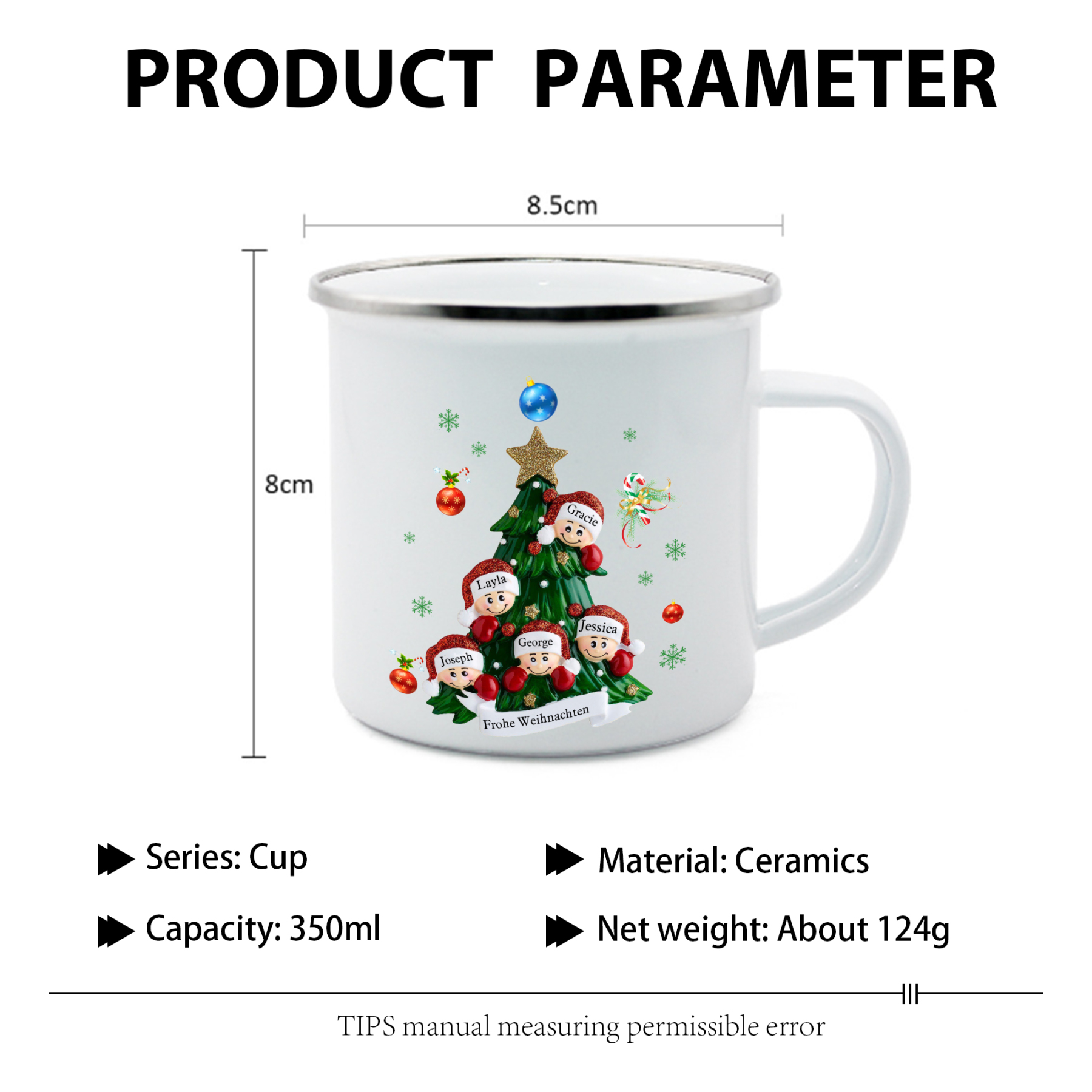 Personalisierte 5 Namen & Text Emaille Tasse – Weihnachtsbaum Weihnachts-Emaille Becher