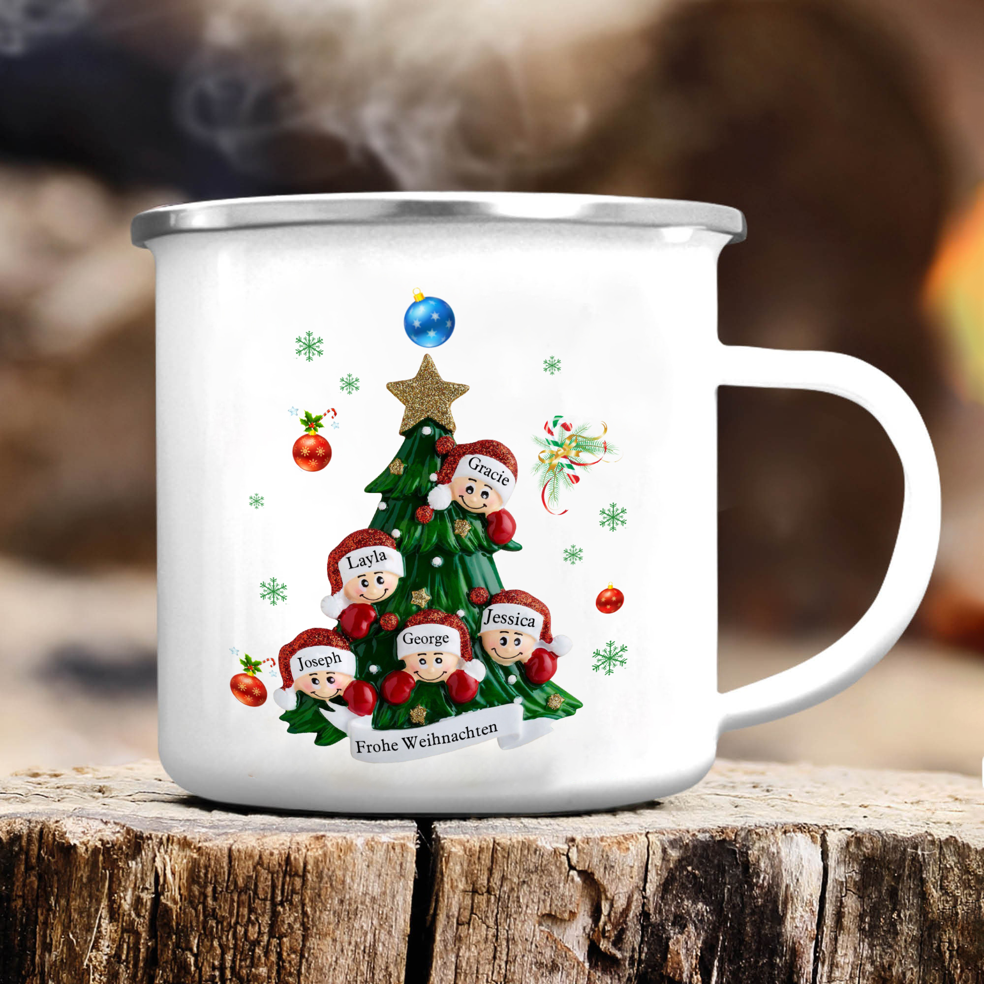 Personalisierte 5 Namen & Text Emaille Tasse – Weihnachtsbaum Weihnachts-Emaille Becher