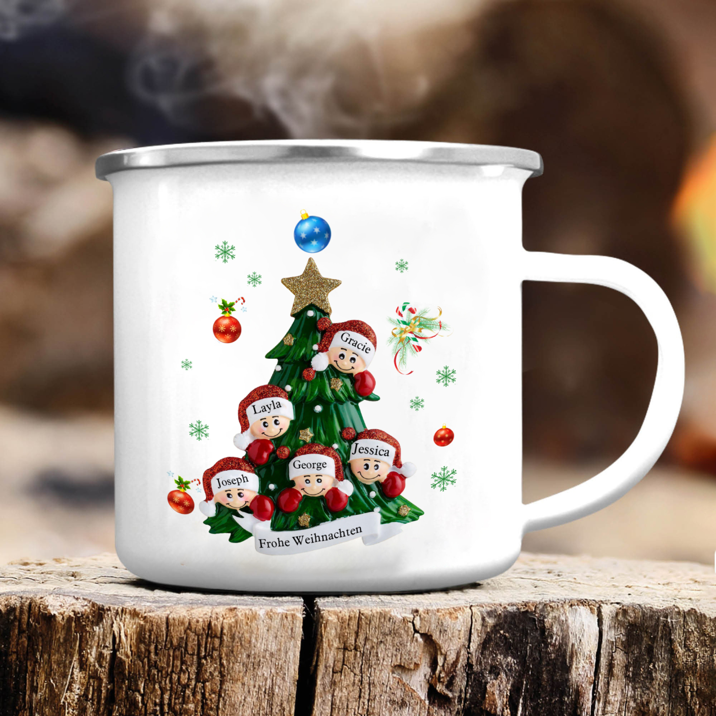 Personalisierte 5 Namen & Text Emaille Tasse – Weihnachtsbaum Weihnachts-Emaille Becher