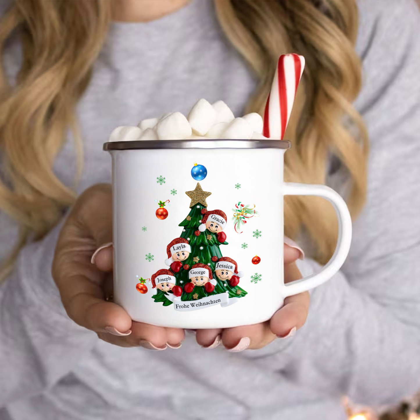 Personalisierte 5 Namen & Text Emaille Tasse – Weihnachtsbaum Weihnachts-Emaille Becher