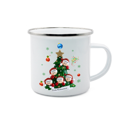 Personalisierte 5 Namen & Text Emaille Tasse – Weihnachtsbaum Weihnachts-Emaille Becher
