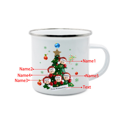 Personalisierte 5 Namen & Text Emaille Tasse – Weihnachtsbaum Weihnachts-Emaille Becher
