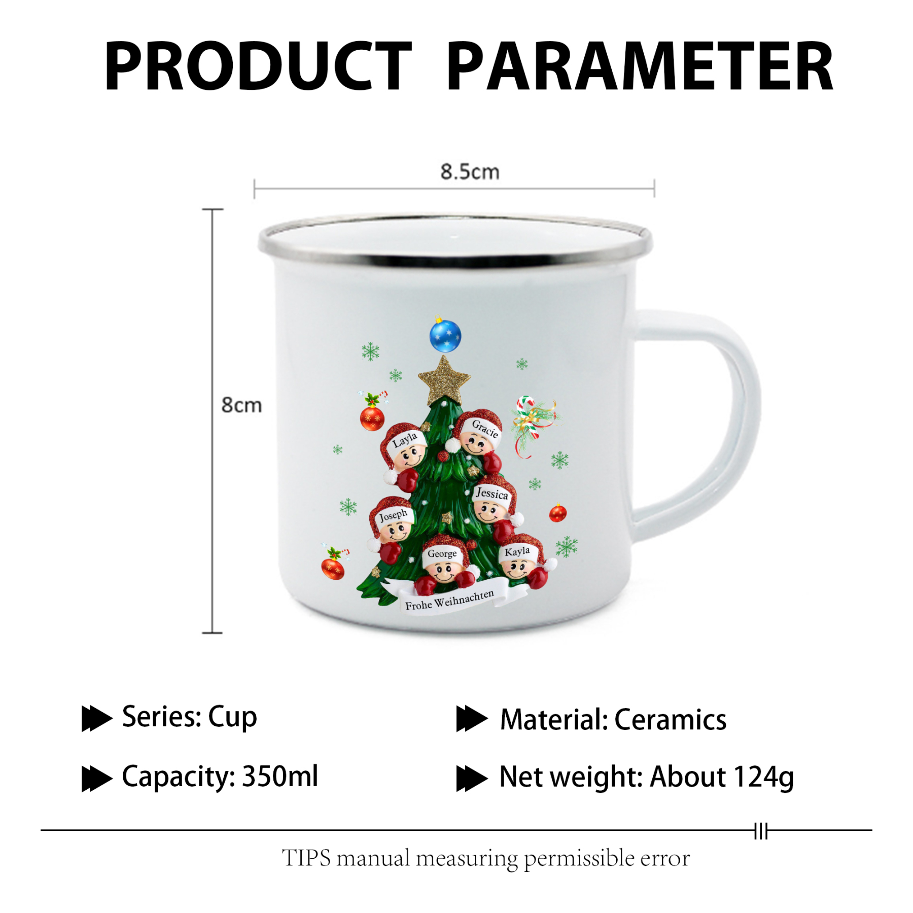 Personalisiertes 6 Namen & Text Holz Weihnachtsornament Baum & Emaille Tasse - Geschenkbox Set